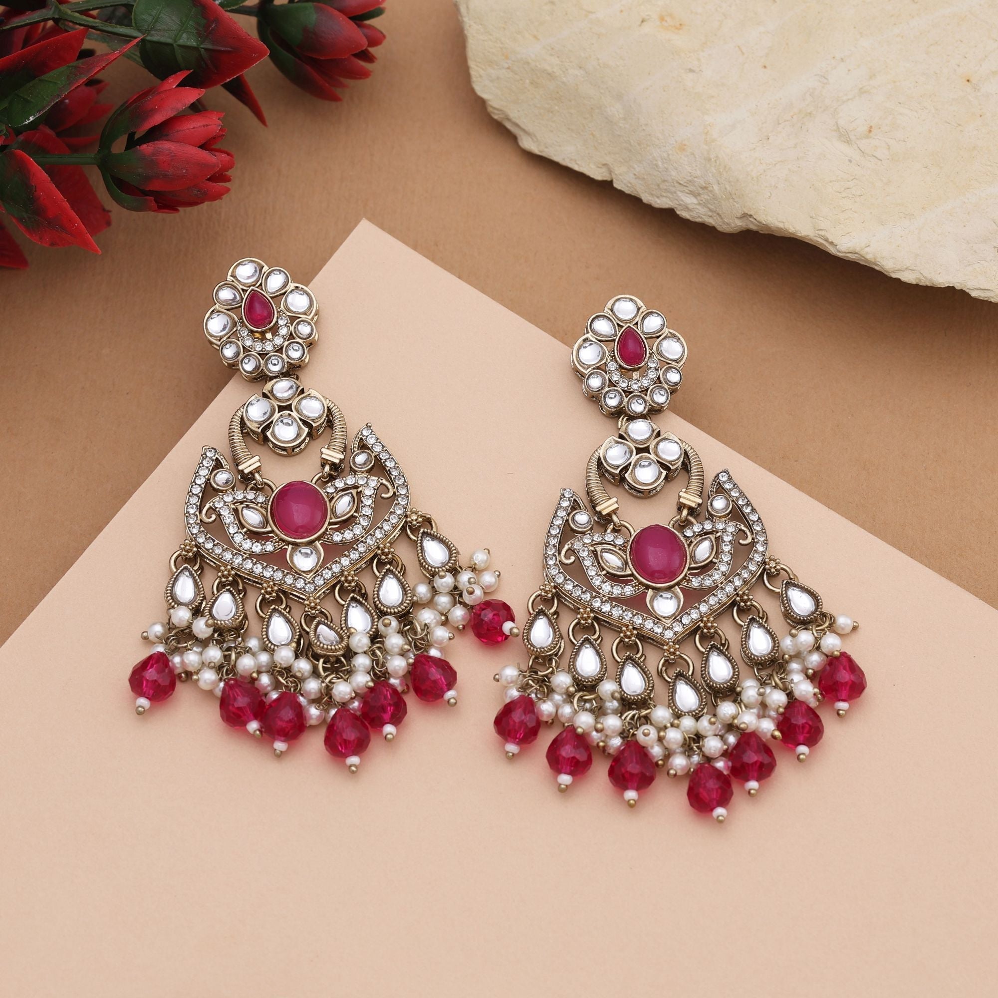 Royal Rani Color Kundan Earrings With Traditional Beads Perfect For Bridal Jewellery