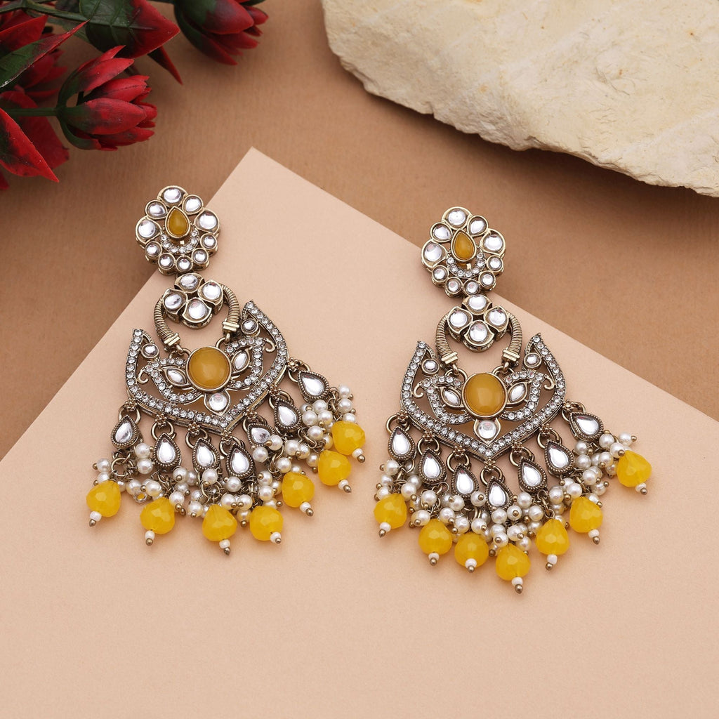Radiant Yellow Color Kundan Earrings With Antique Gold Polish For Traditional Use