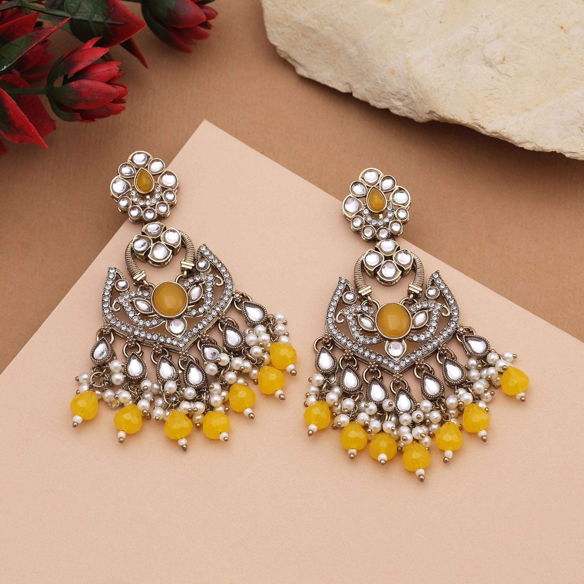 Radiant Yellow Color Kundan Earrings With Antique Gold Polish For Traditional Use