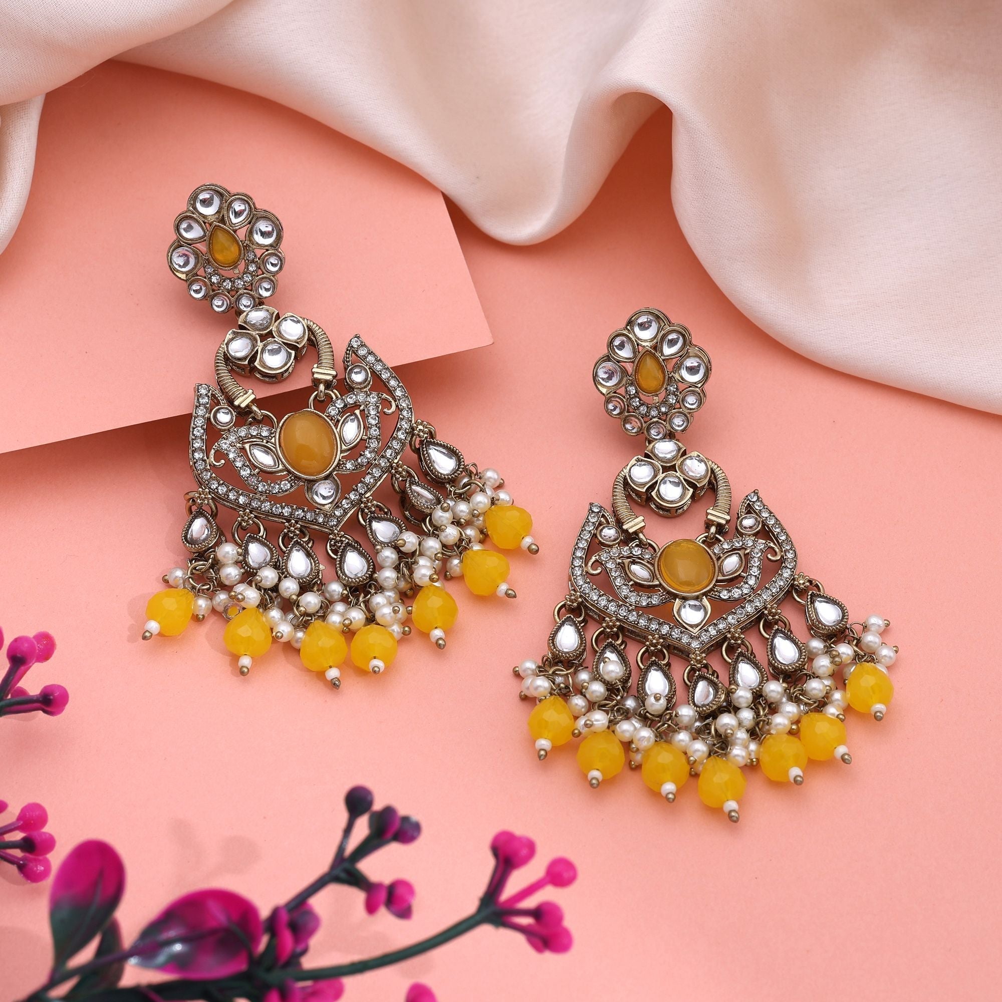 Radiant Yellow Color Kundan Earrings With Antique Gold Polish For Traditional Use