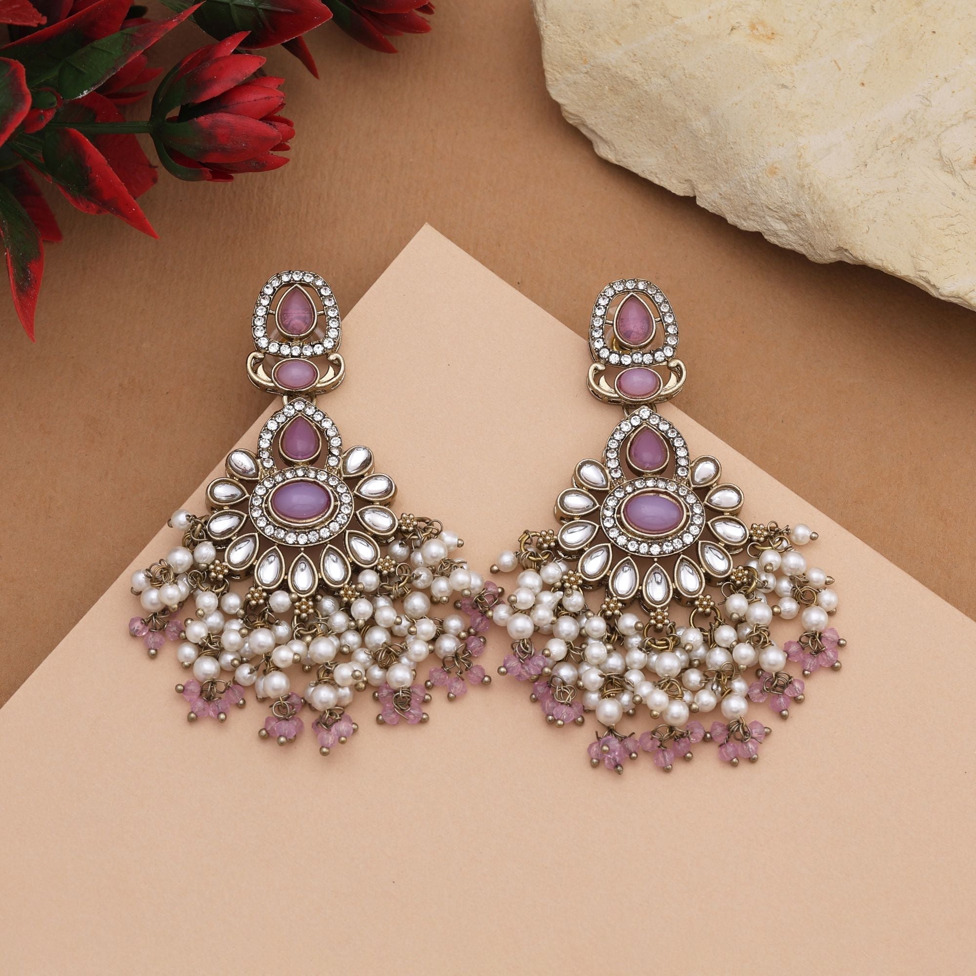 Lovely Light Purple Color Kundan Earrings With Fine Work Perfect For Party Looks