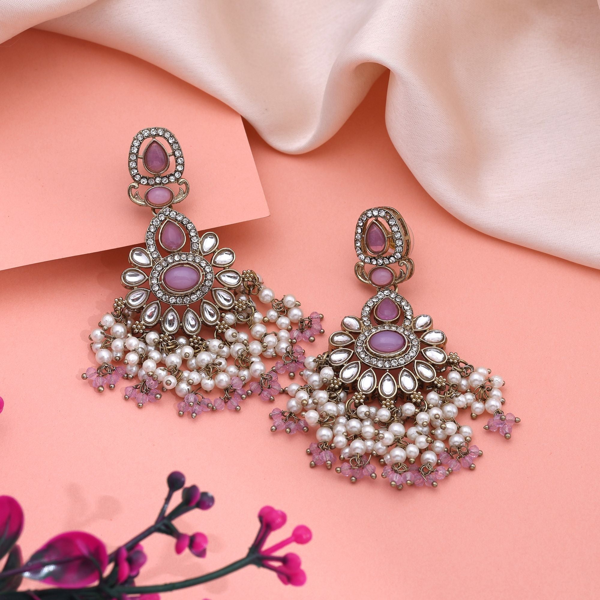 Lovely Light Purple Color Kundan Earrings With Fine Work Perfect For Party Looks