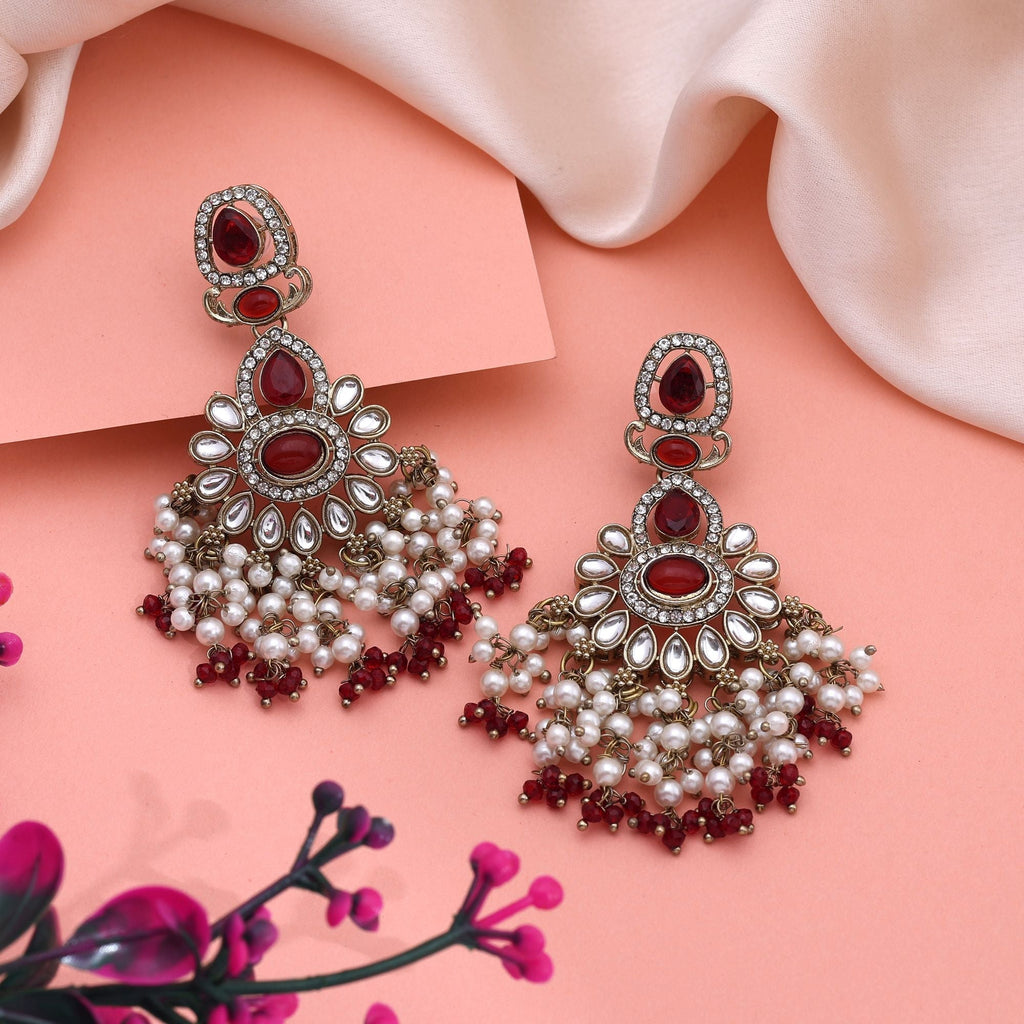 Royal Maroon Color Kundan Earrings With Antique Stones Perfect For Bridal Jewellery