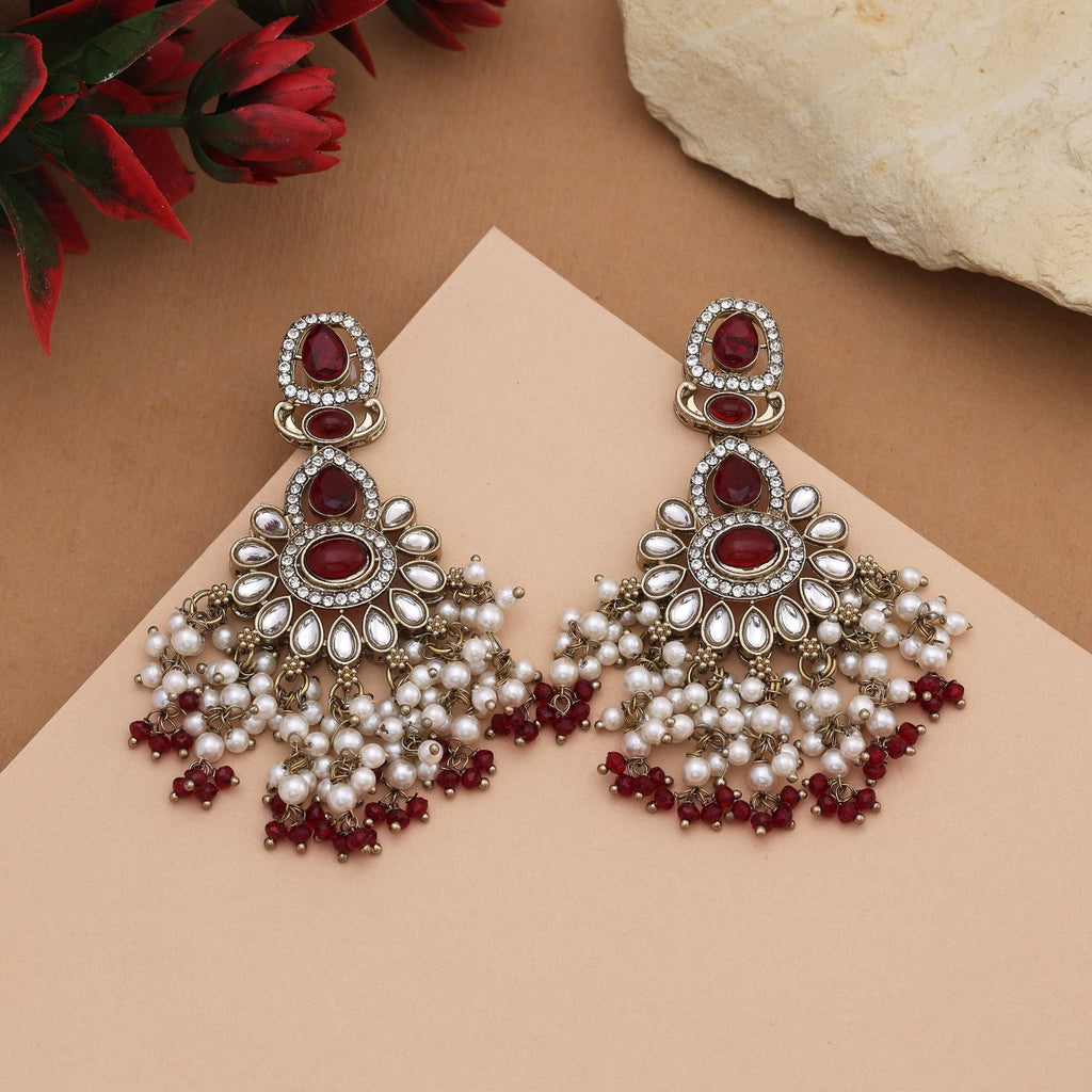 Royal Maroon Color Kundan Earrings With Antique Stones Perfect For Bridal Jewellery