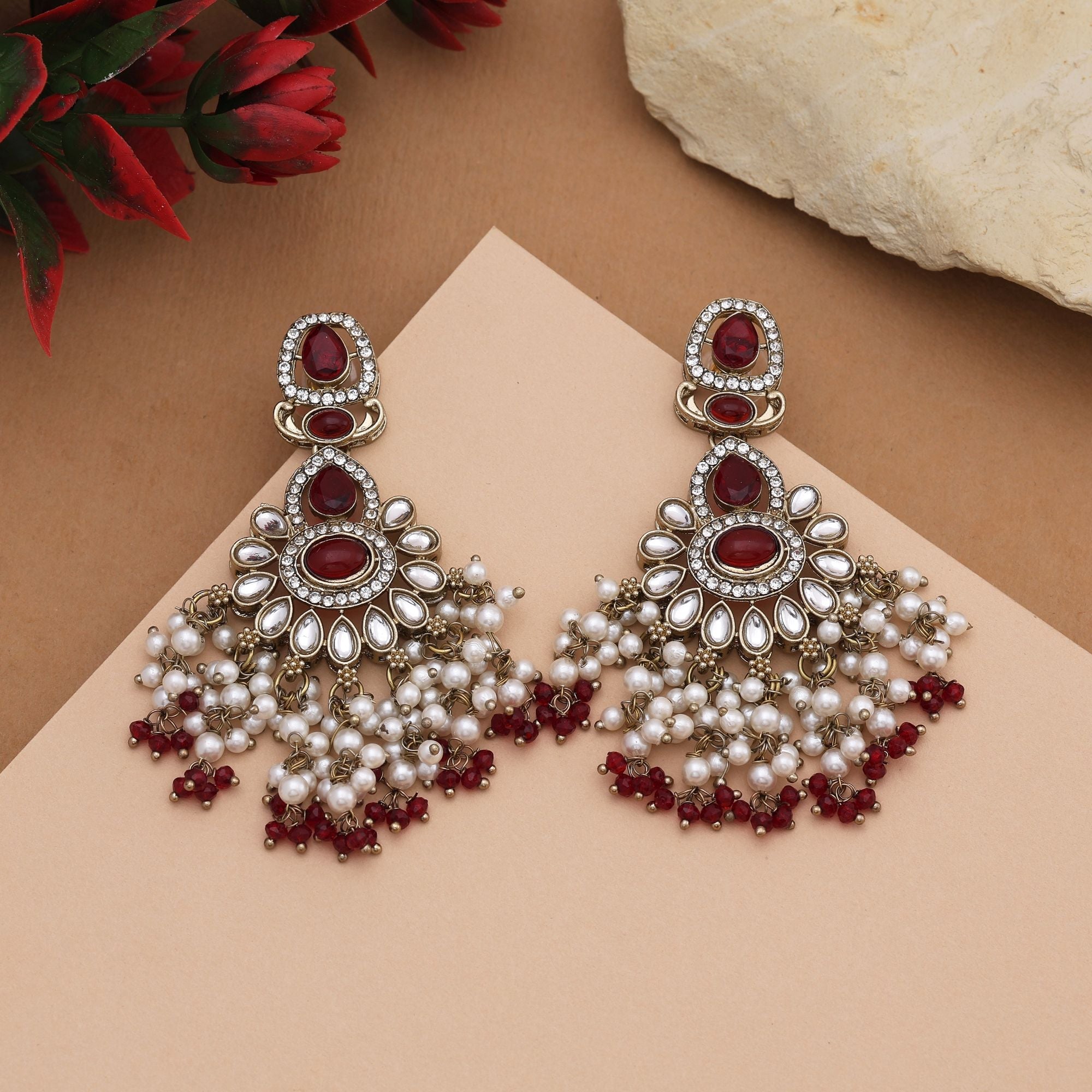 Royal Maroon Color Kundan Earrings With Antique Stones Perfect For Bridal Jewellery