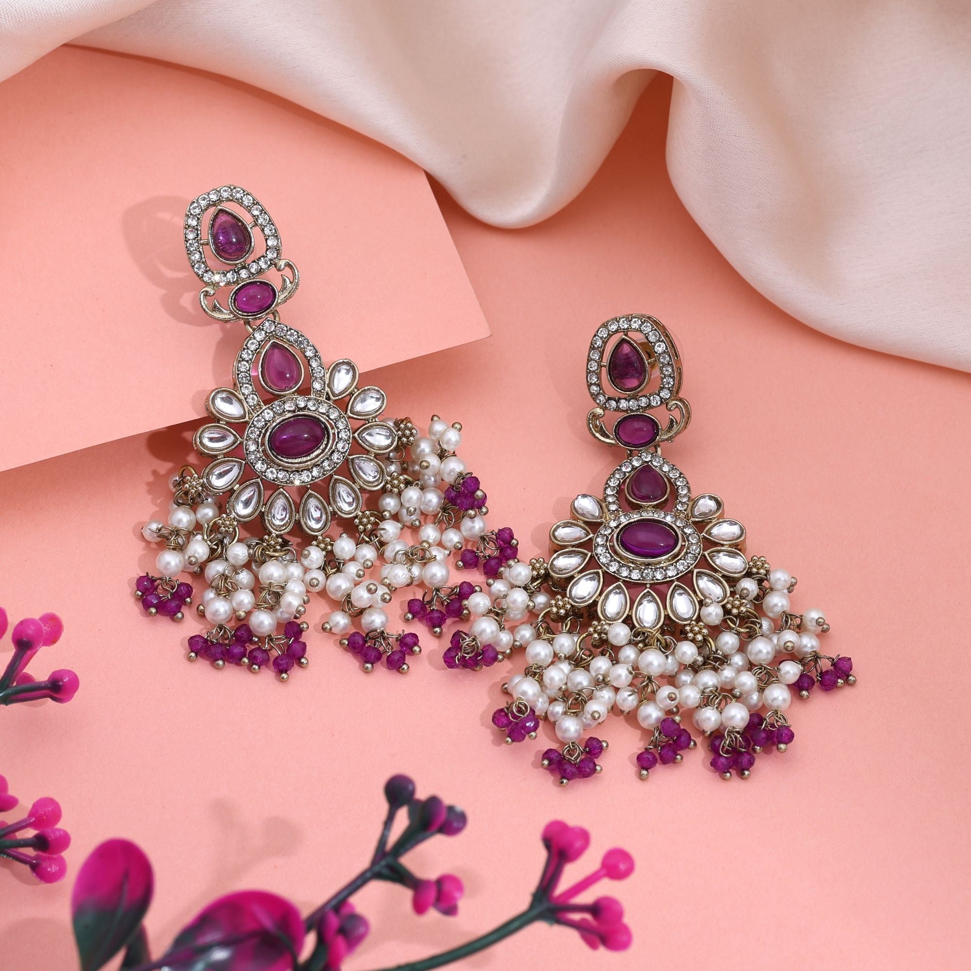 Stylish Purple Color Kundan Earrings With Antique Polish Perfect For Bridesmaids