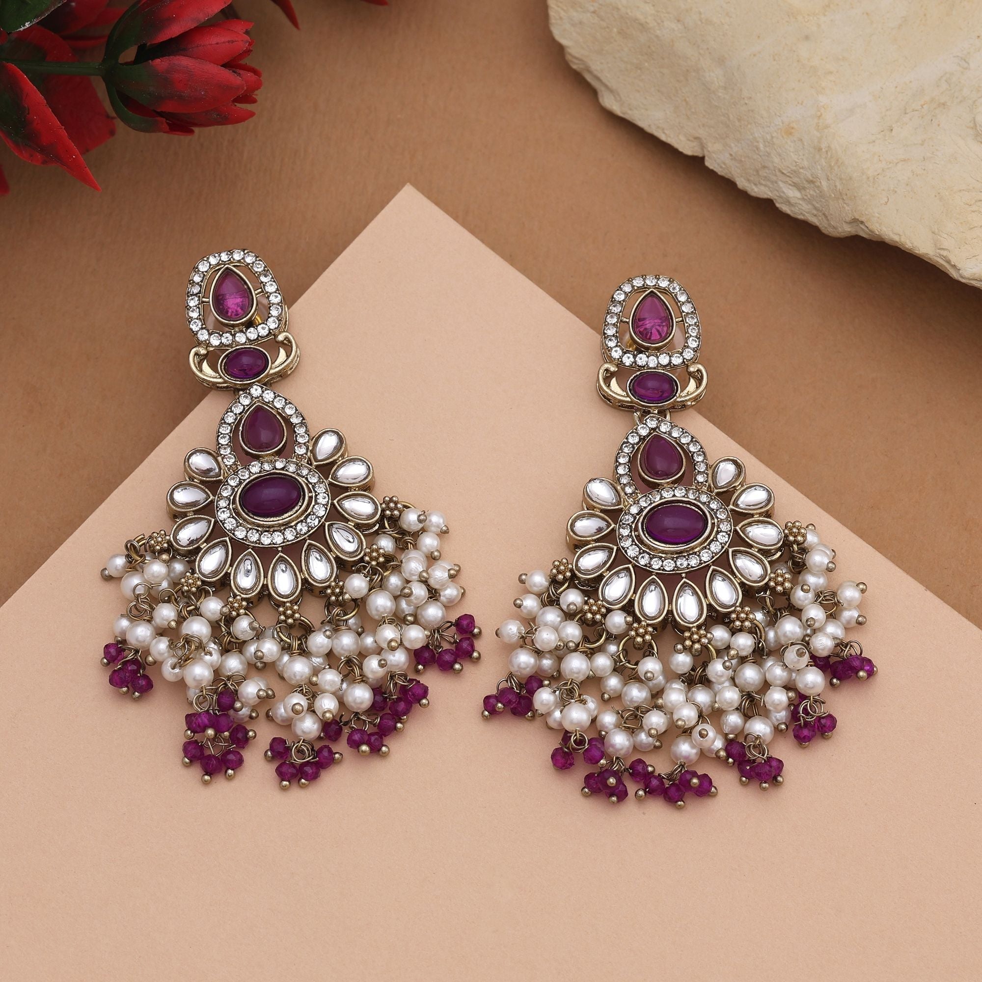 Stylish Purple Color Kundan Earrings With Antique Polish Perfect For Bridesmaids