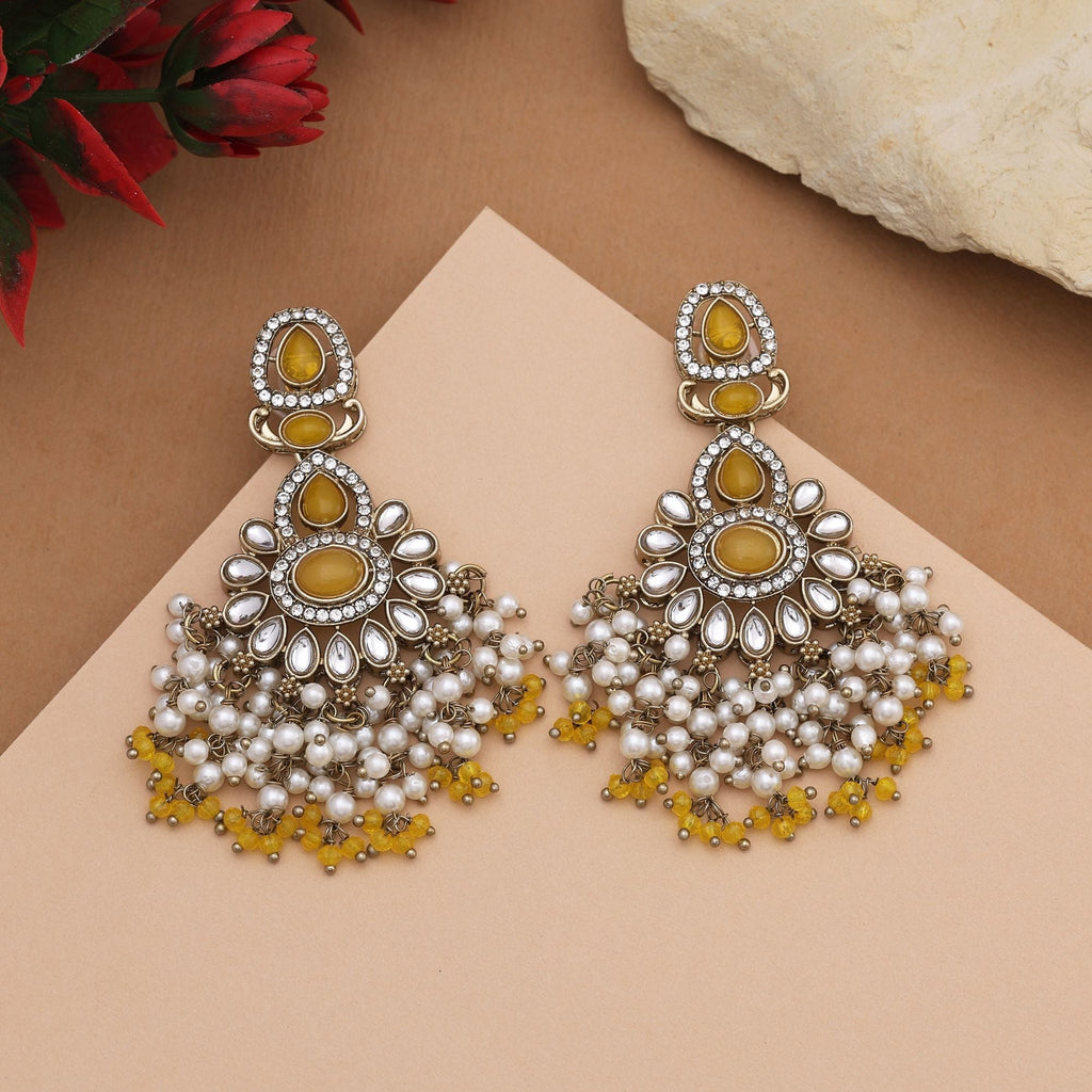 Radiant Yellow Color Kundan Earrings With Golden Touch For Wedding Ceremonies