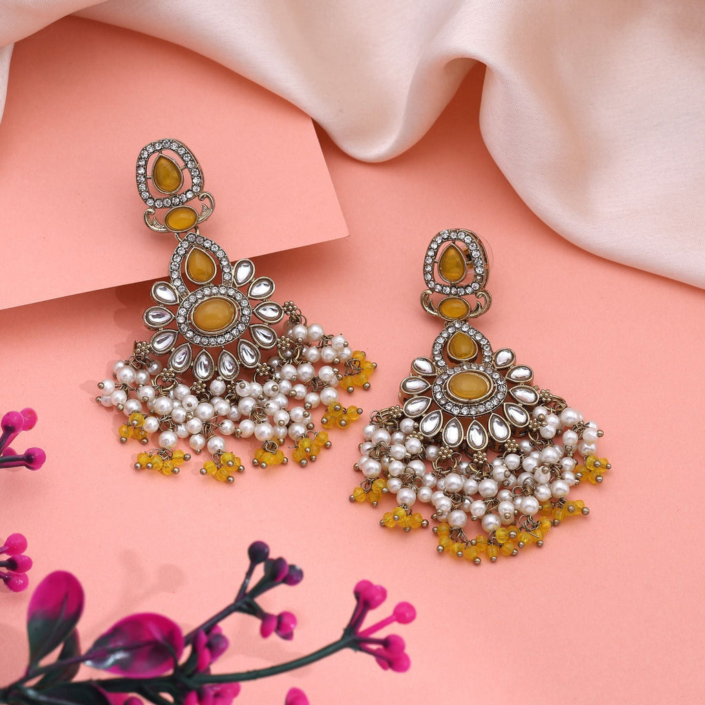 Radiant Yellow Color Kundan Earrings With Golden Touch For Wedding Ceremonies