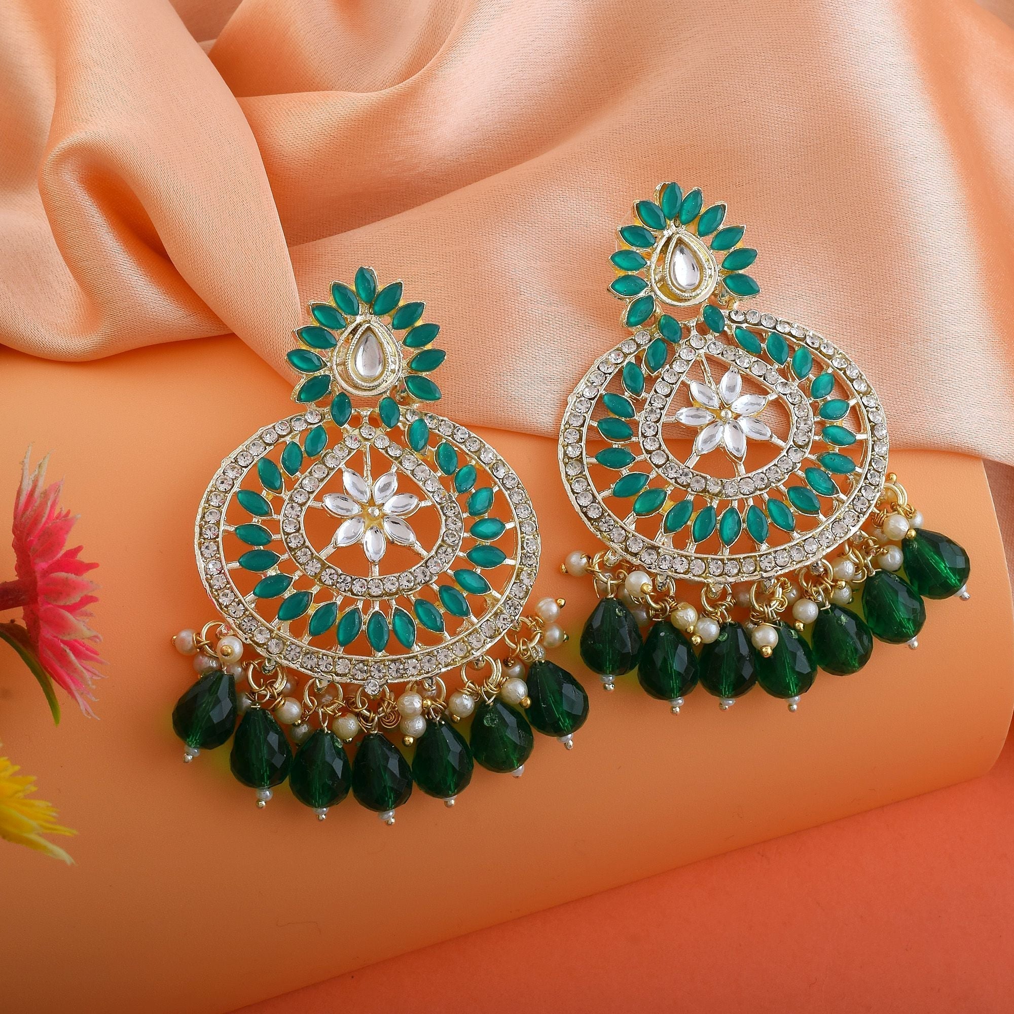 Green Color Kundan Earrings