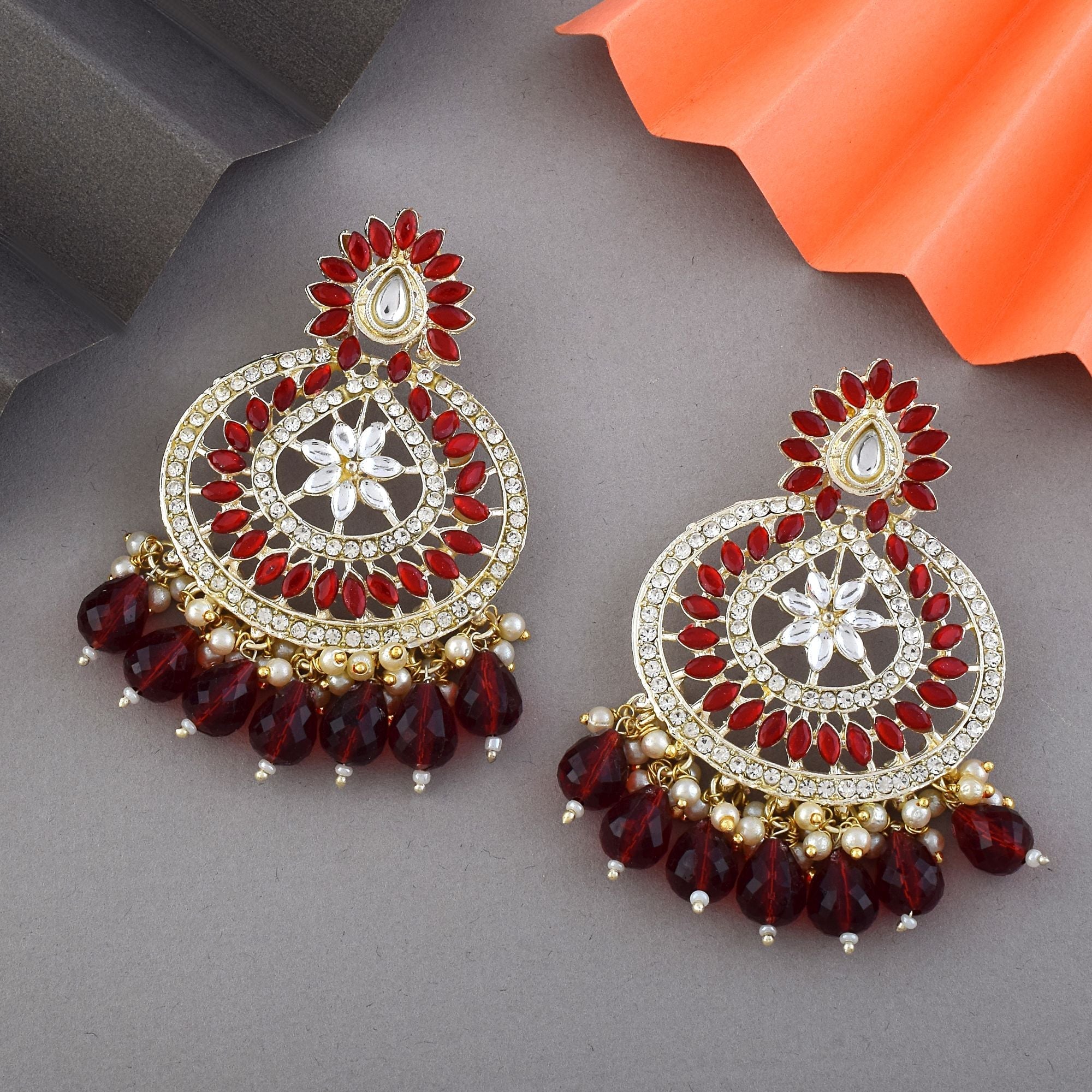 Maroon Color Kundan Earrings