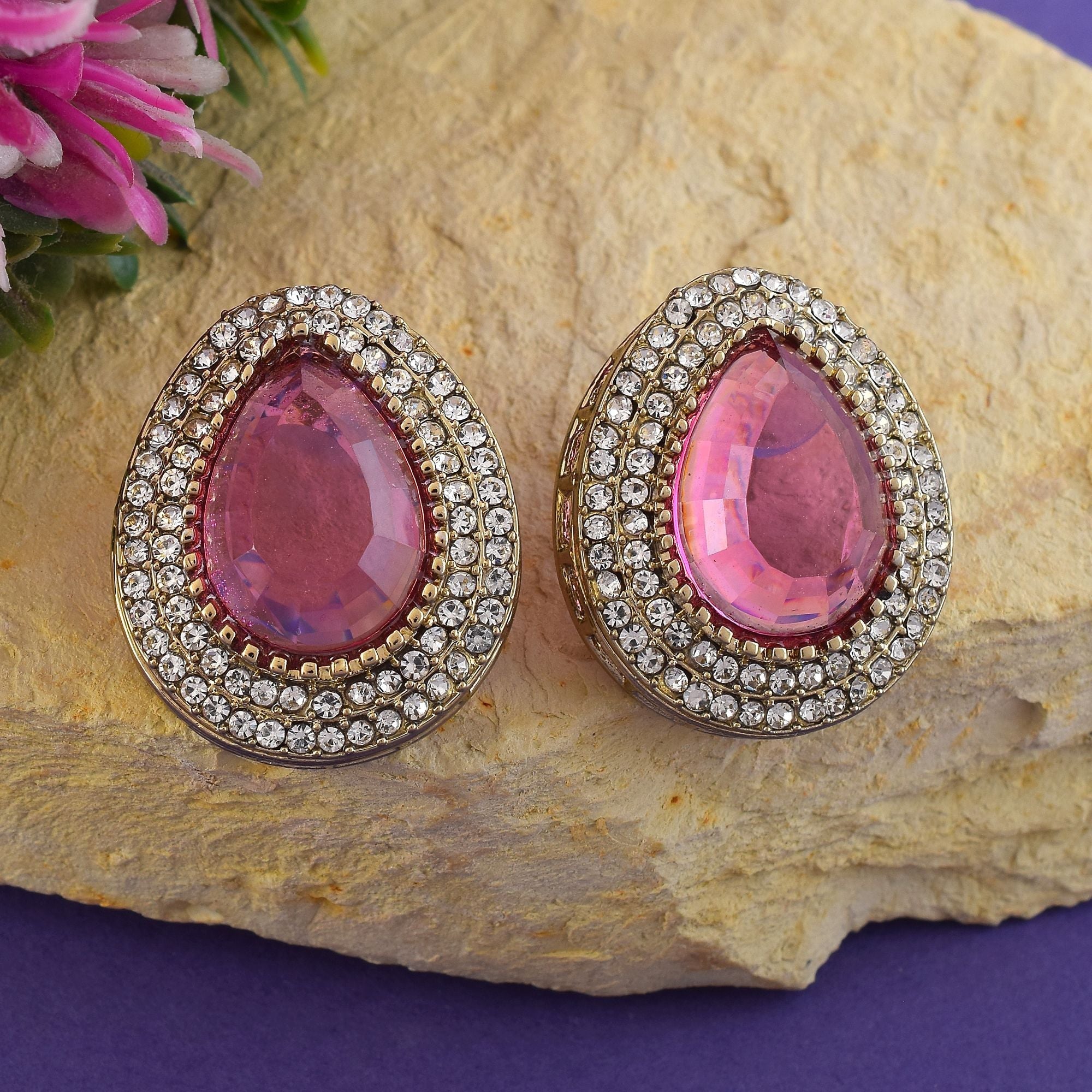 Pink Color Stud Kundan Earrings