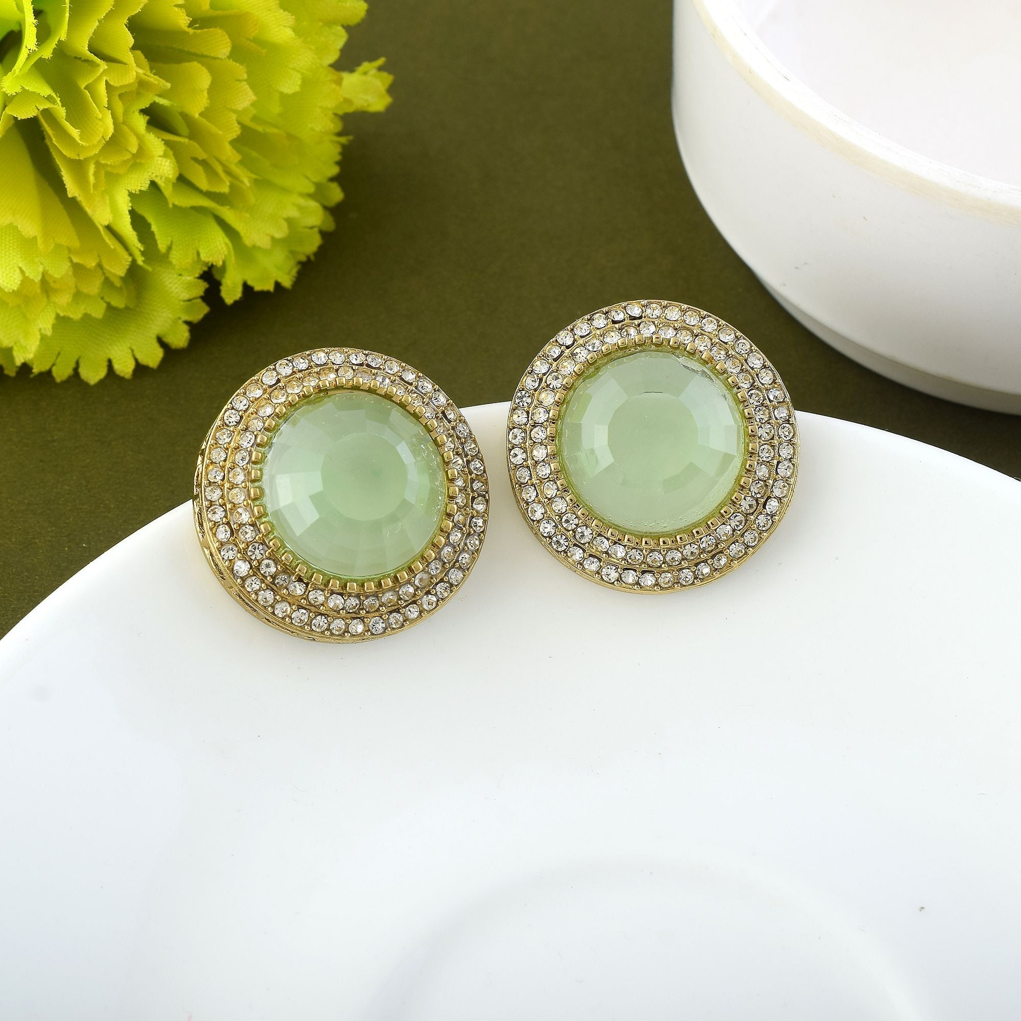 Light Green Color Stud Kundan Earrings