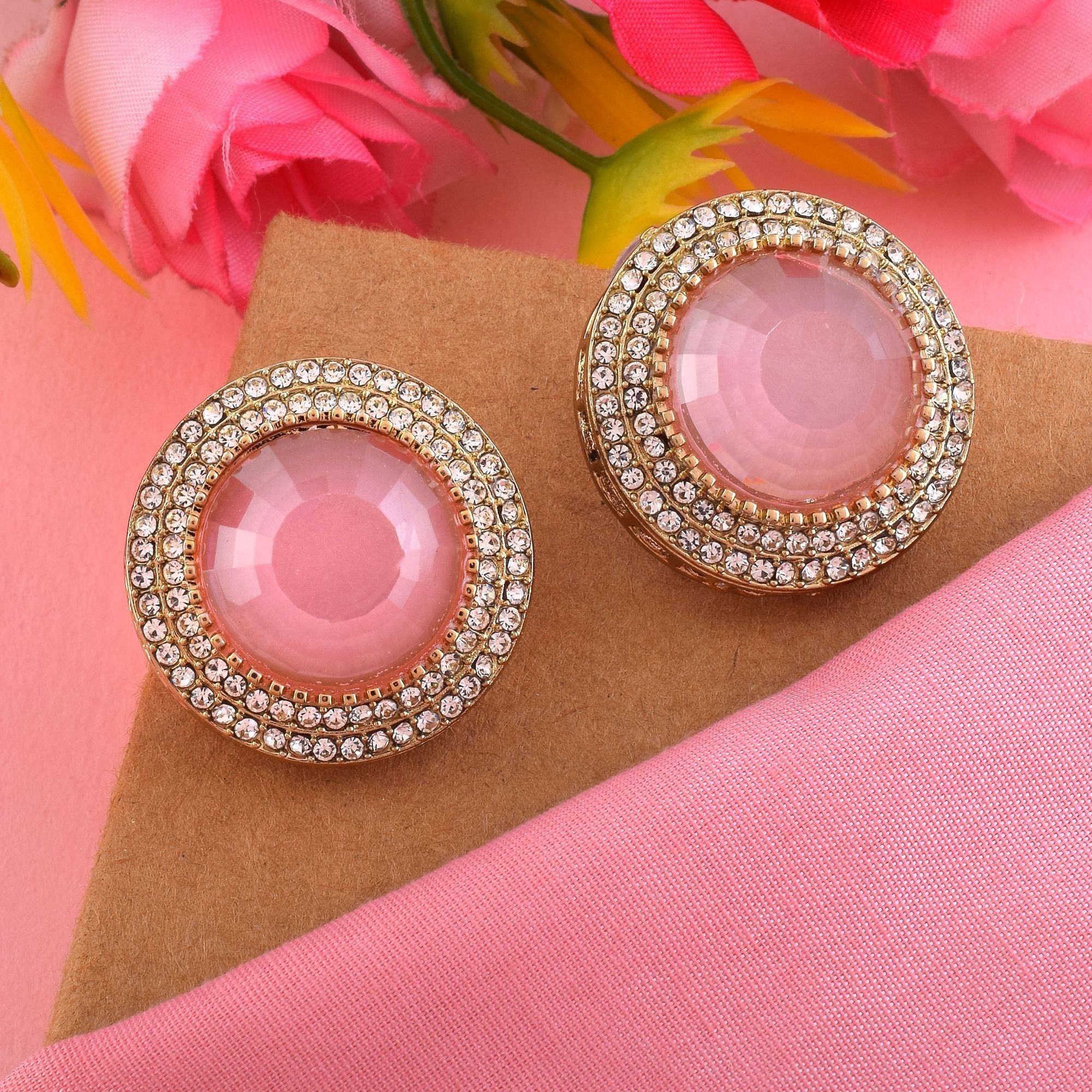 Pink Color Stud Kundan Earrings