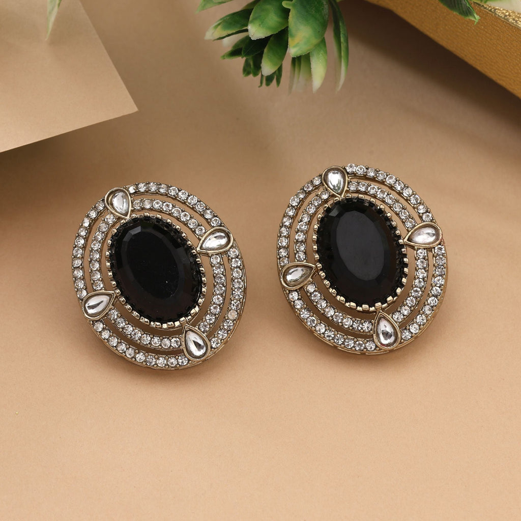 Trendy Black Color Stud Kundan Earrings For Festive And Modern Look