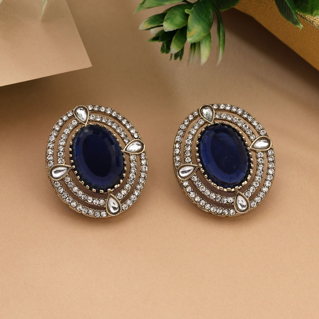 Stylish Blue Color Stud Kundan Earrings Ideal For Festivals And Celebrations