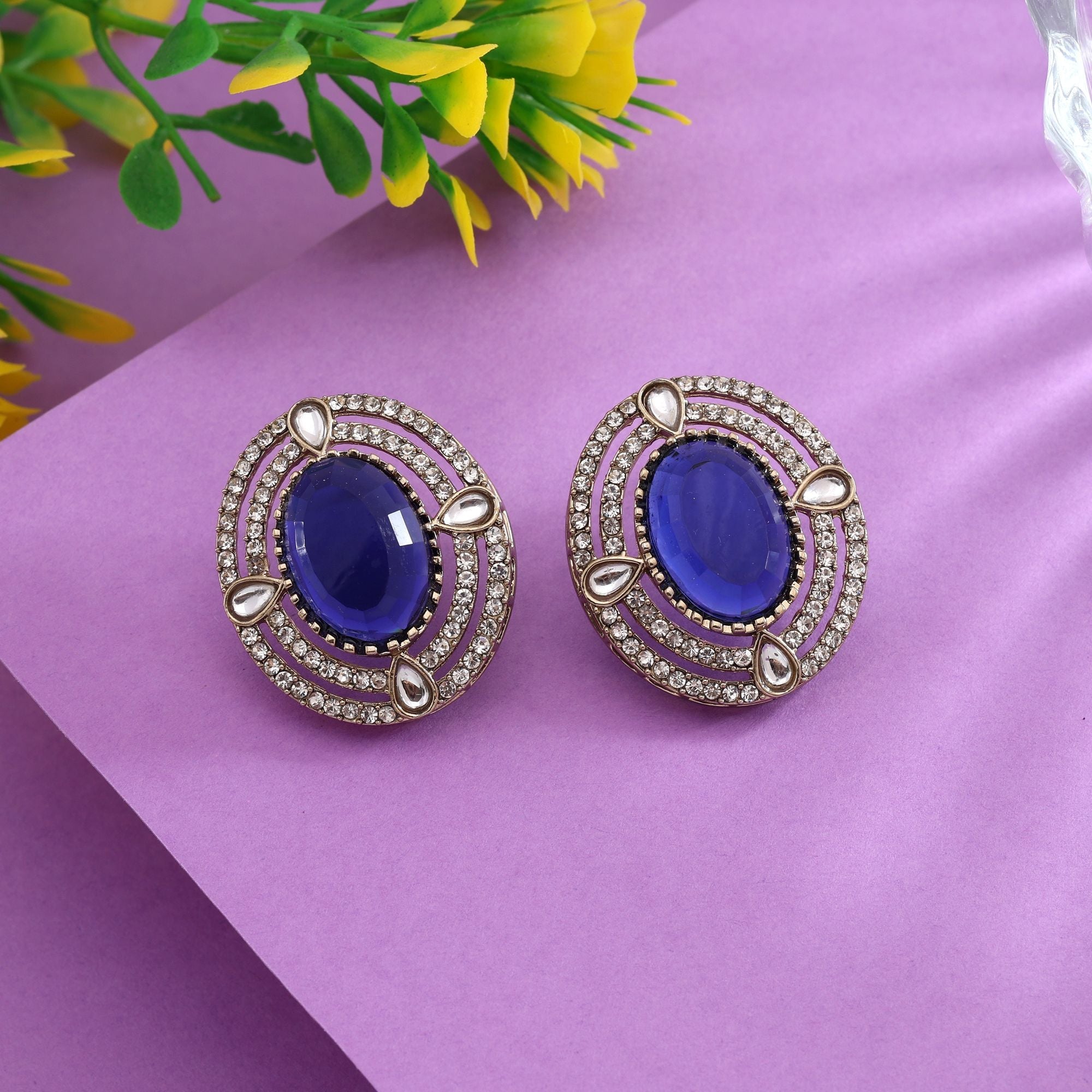 Stylish Blue Color Stud Kundan Earrings Ideal For Festivals And Celebrations