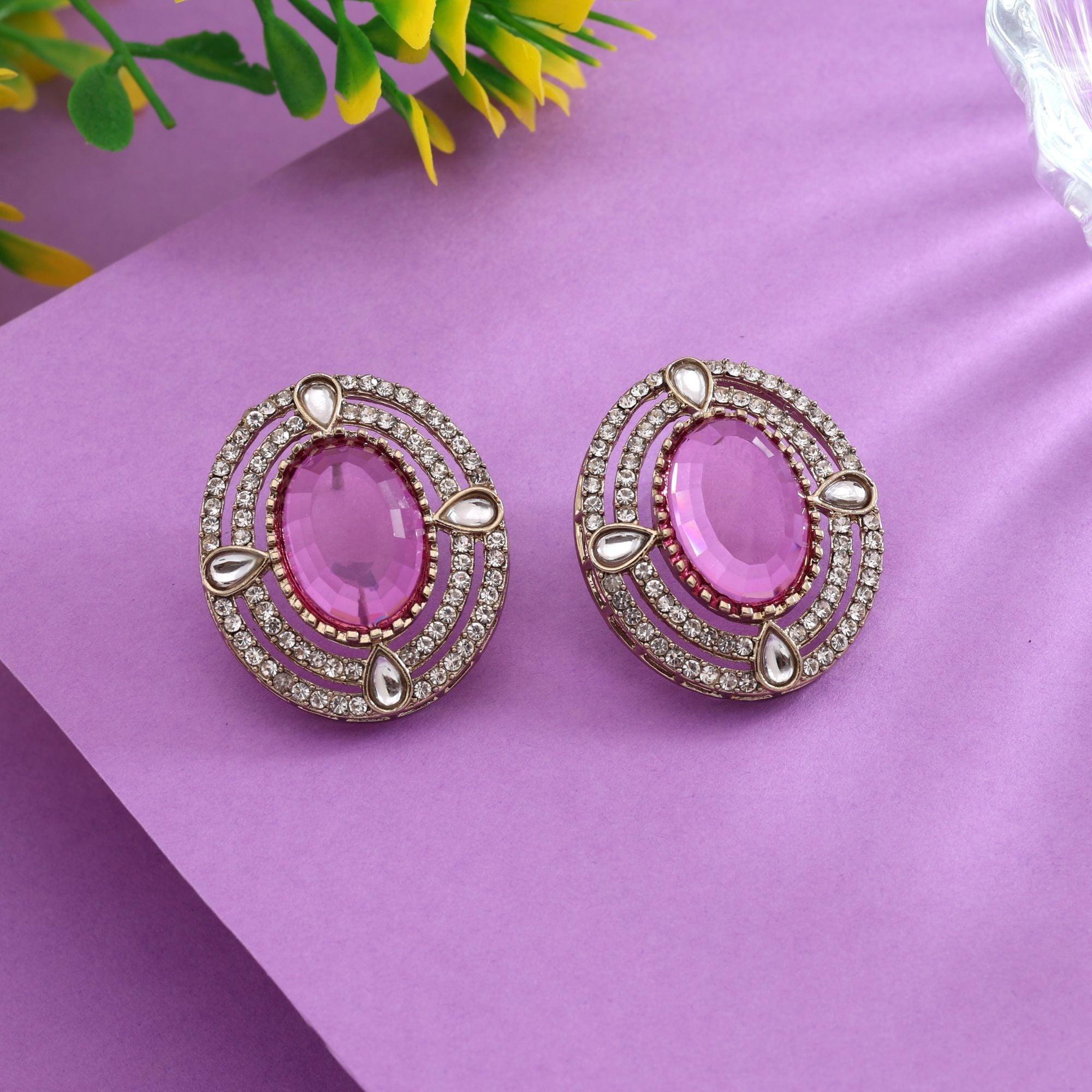 Royal Purple Color Stud Kundan Earrings For Classic Indian Festive Wear