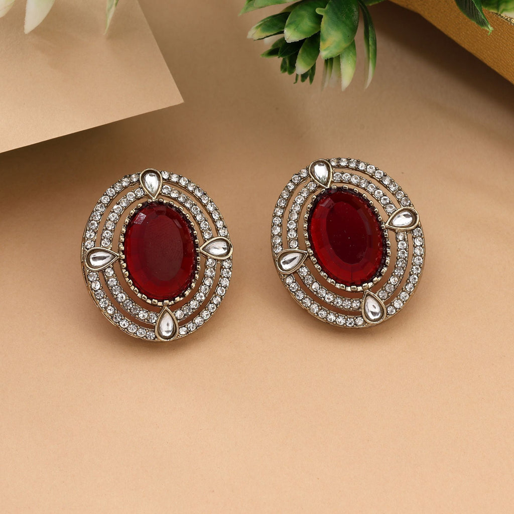 Radiant Red Color Stud Kundan Earrings For Traditional Indian Functions