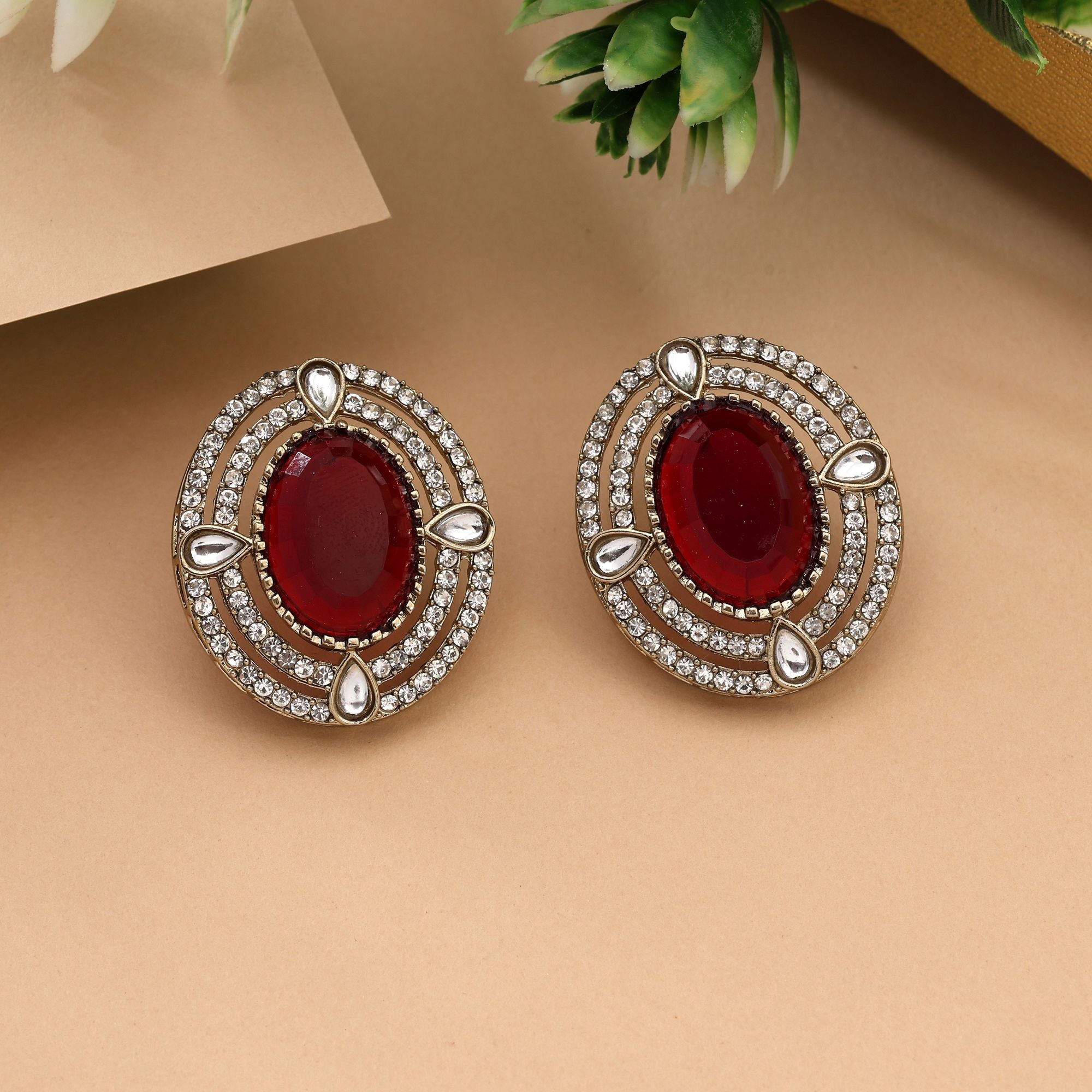 Radiant Red Color Stud Kundan Earrings For Traditional Indian Functions
