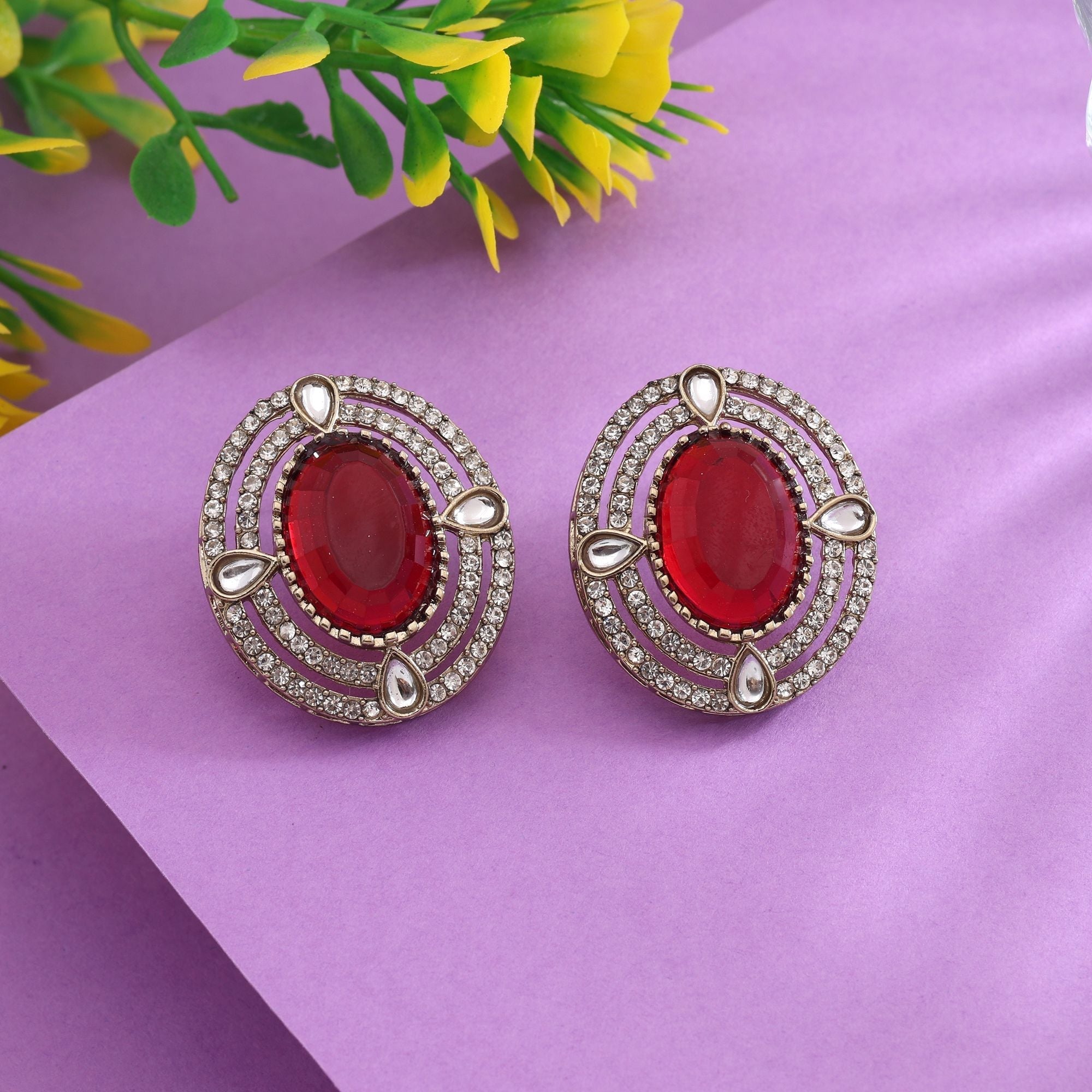 Radiant Red Color Stud Kundan Earrings For Traditional Indian Functions