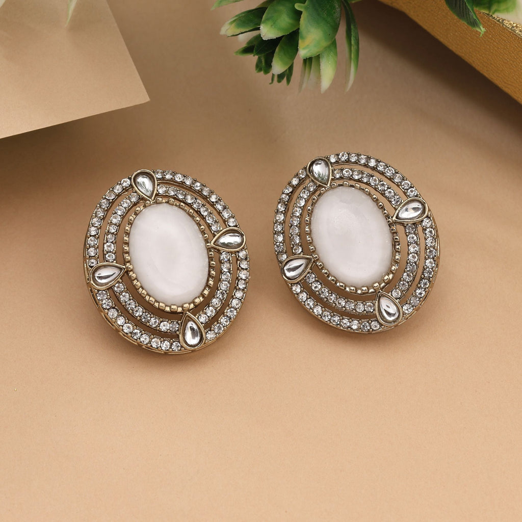 Classic White Color Stud Kundan Earrings Perfect For Office And Ethnic Outfits