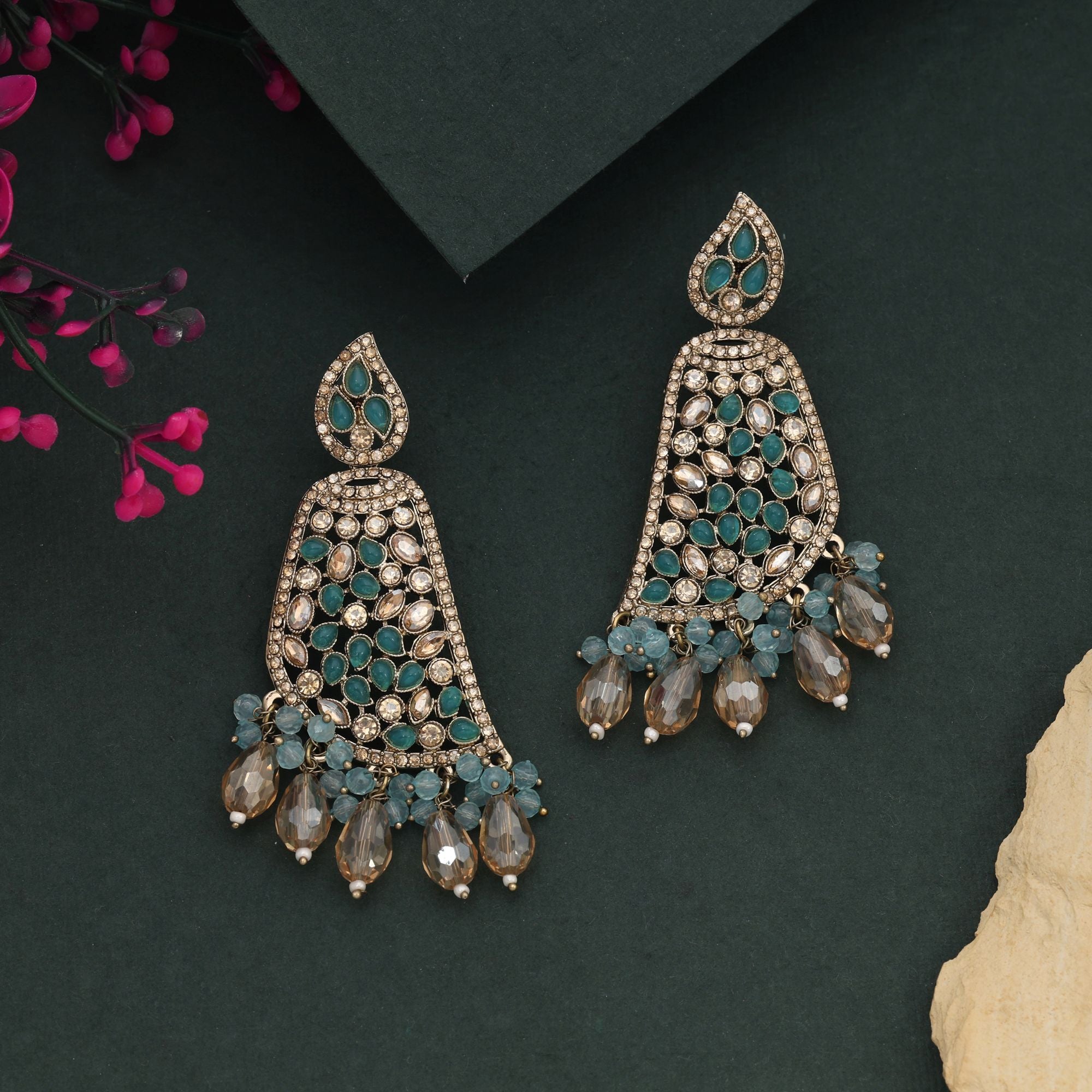 Radiant Firozi Color Kundan Earrings For Special Events And Wedding Occasions