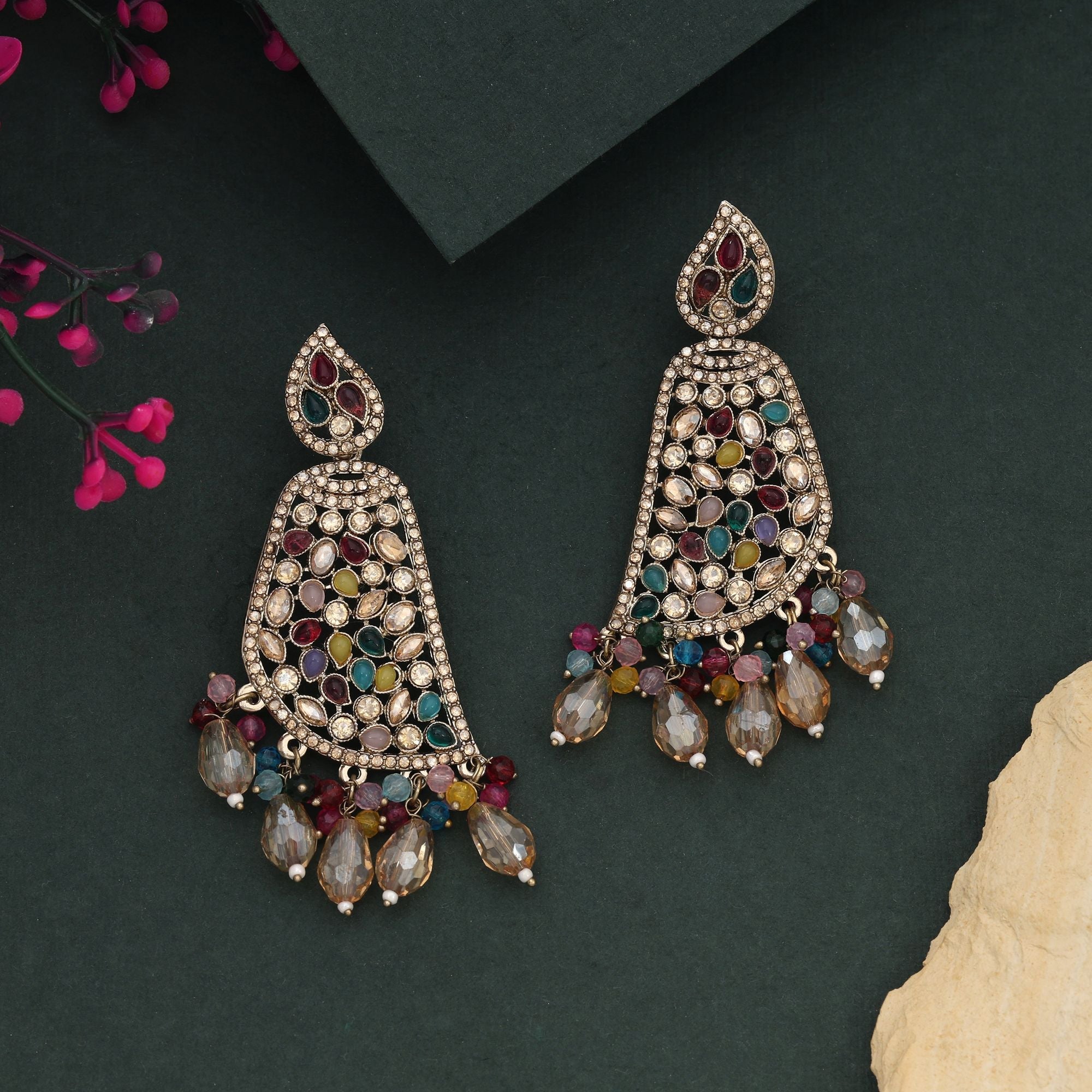Multi Color Kundan Earrings With Fine Detailing For Cultural Celebrations