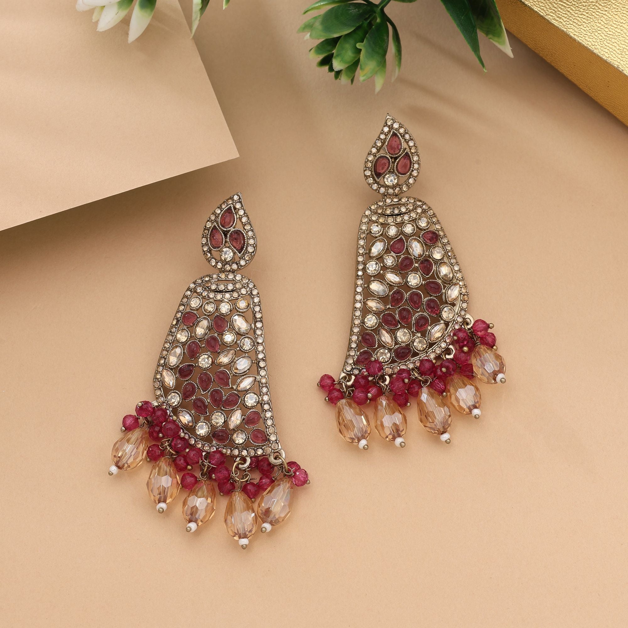 Beautiful Magenta Color Kundan Earrings For Elegant Festive Occasions