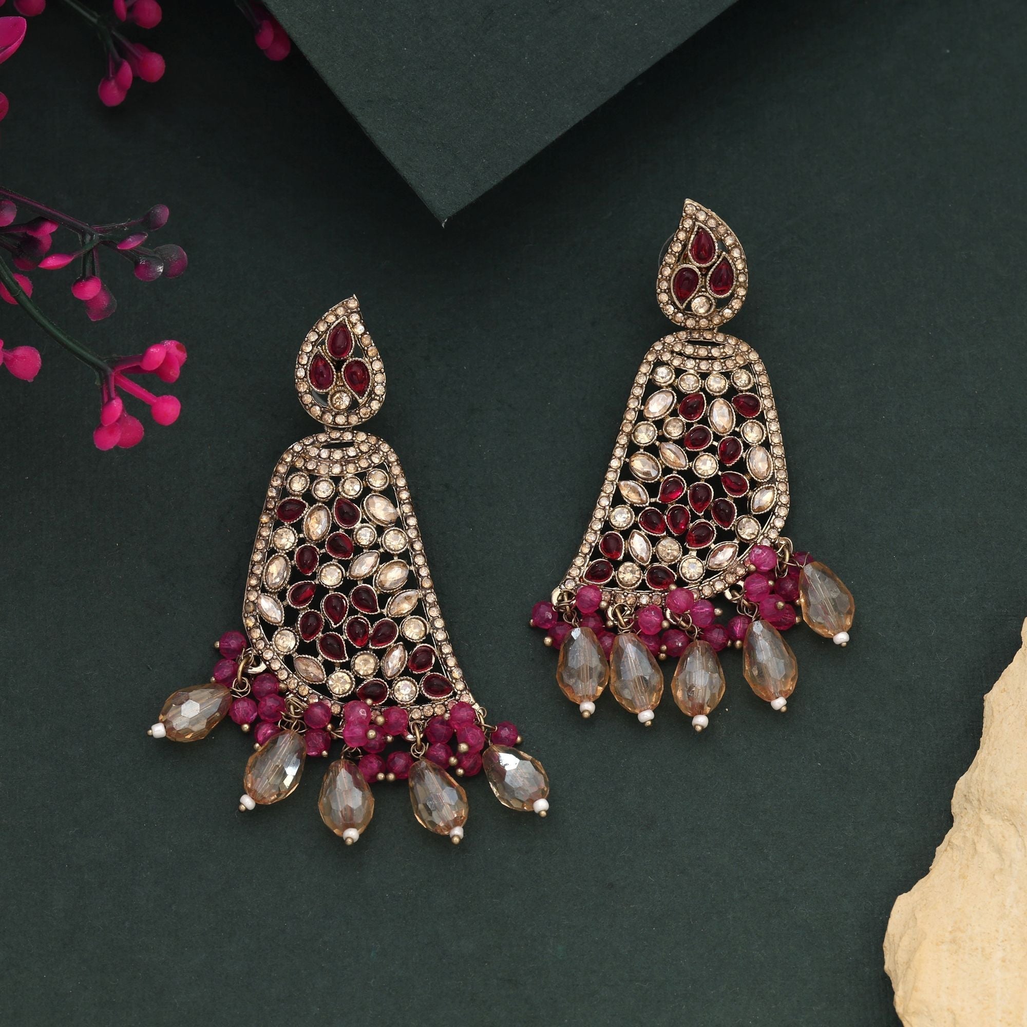 Attractive Rani Color Kundan Earrings Perfect For Bridal And Party Styling