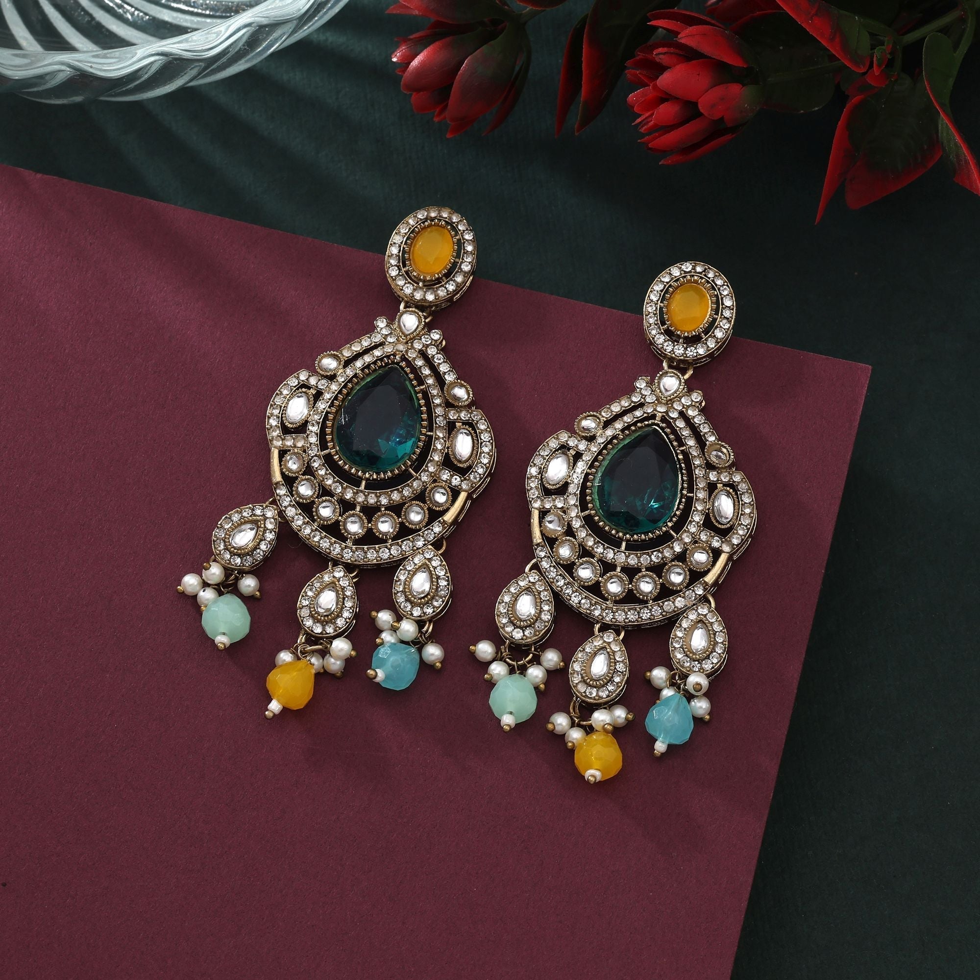 Colorful Multi Color Kundan Earrings With Vibrant Stones For Festive Occasions