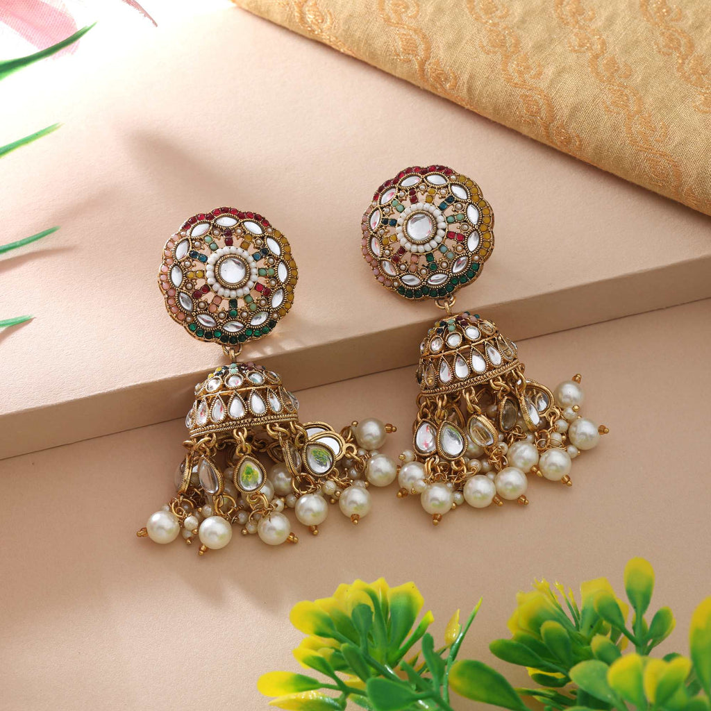 Multi Color Kundan Earrings With Gold Finish And Traditional Indian Craftsmanship