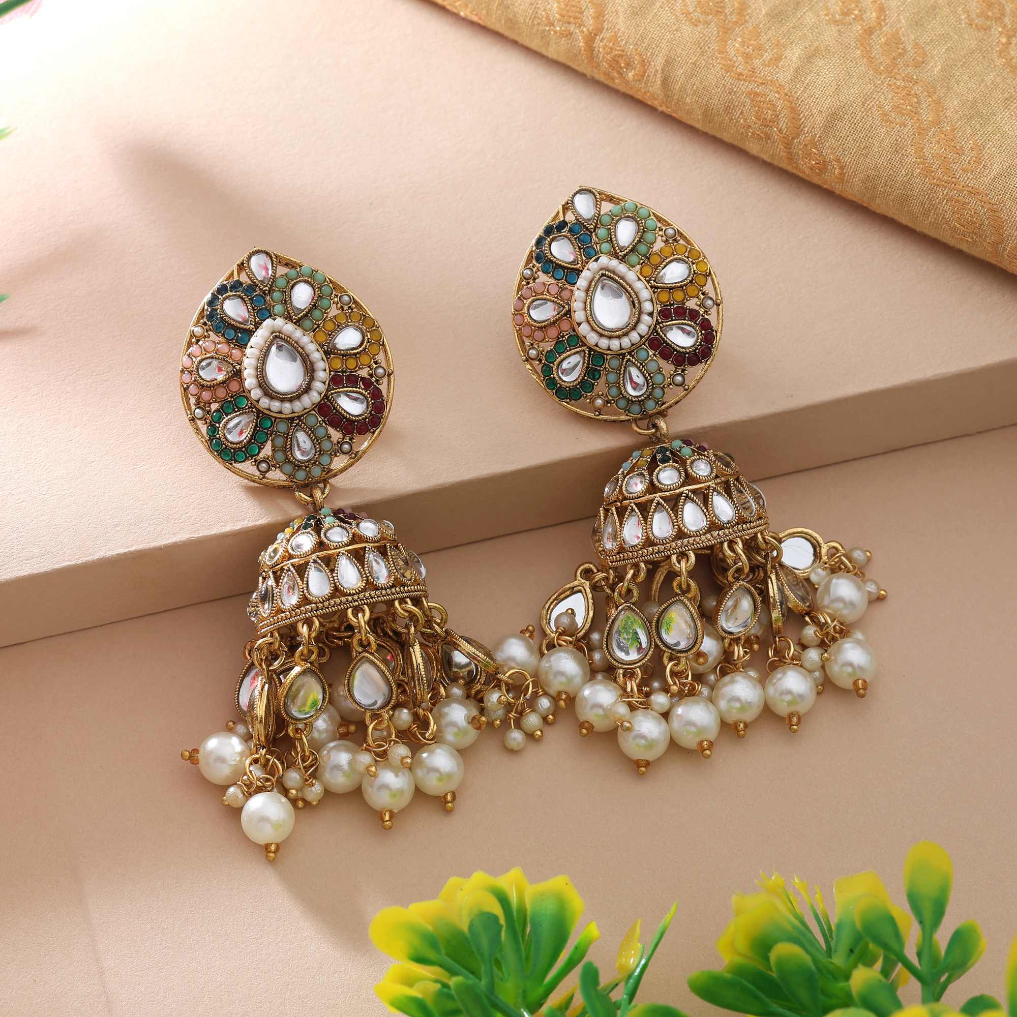 Multi Color Kundan Earrings With Beautiful Handcrafted Floral Stone Setting