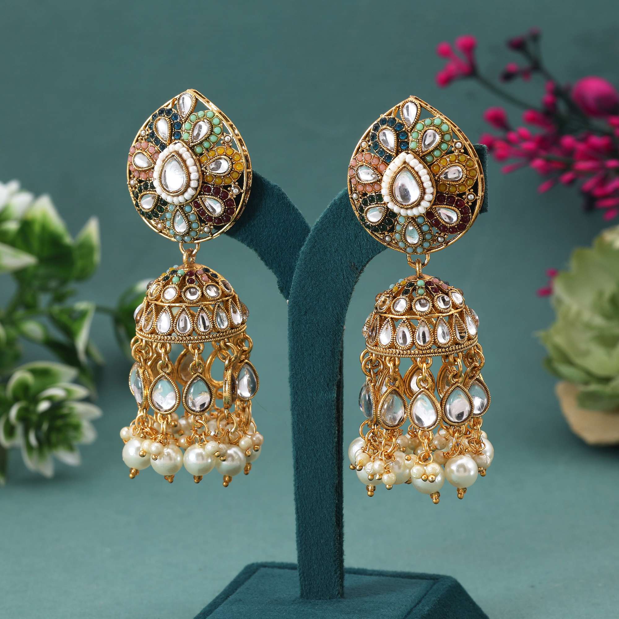 Multi Color Kundan Earrings With Beautiful Handcrafted Floral Stone Setting