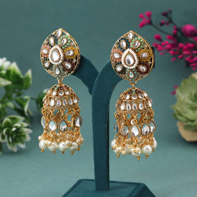Multi Color Kundan Earrings With Beautiful Handcrafted Floral Stone Setting