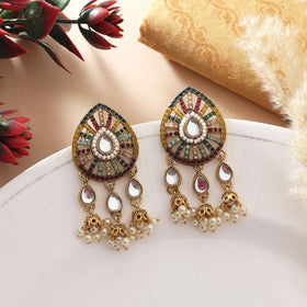 Multi Color Kundan Earrings With Antique Gold Polish And Elegant Pearl Work