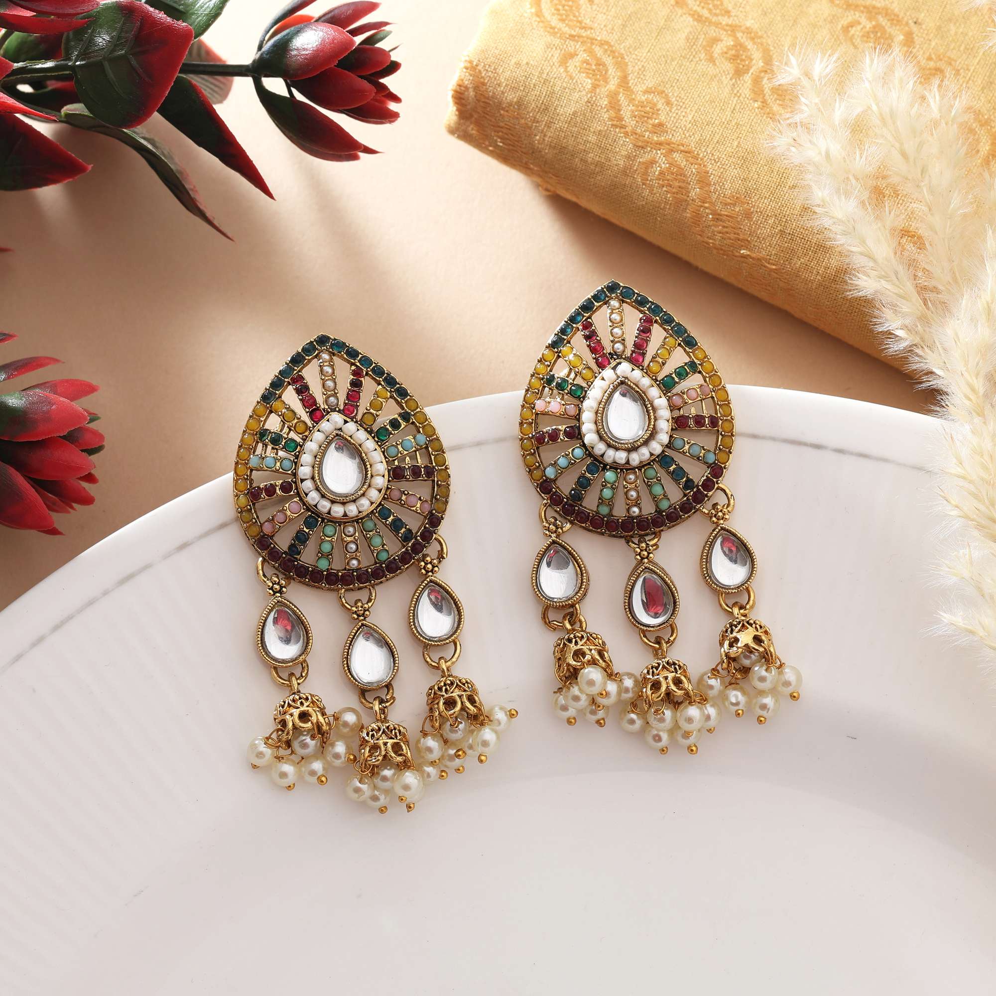 Multi Color Kundan Earrings With Antique Gold Polish And Elegant Pearl Work