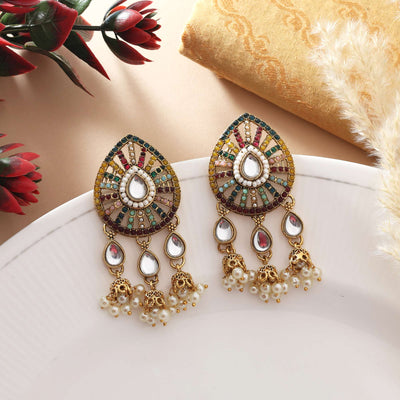 Multi Color Kundan Earrings With Antique Gold Polish And Elegant Pearl Work