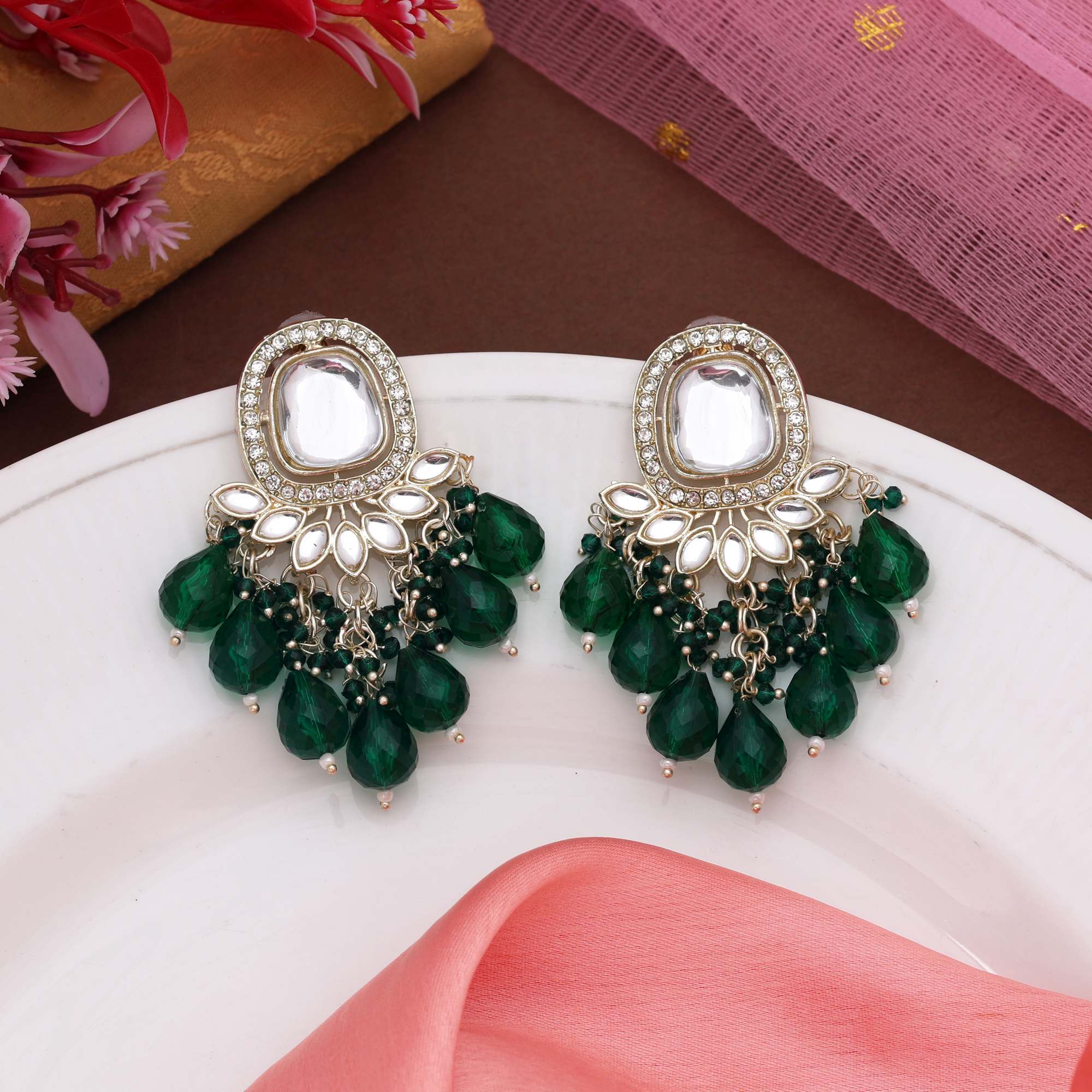 Green Color Kundan Earrings With Intricate Handcrafted Stone Embellishment