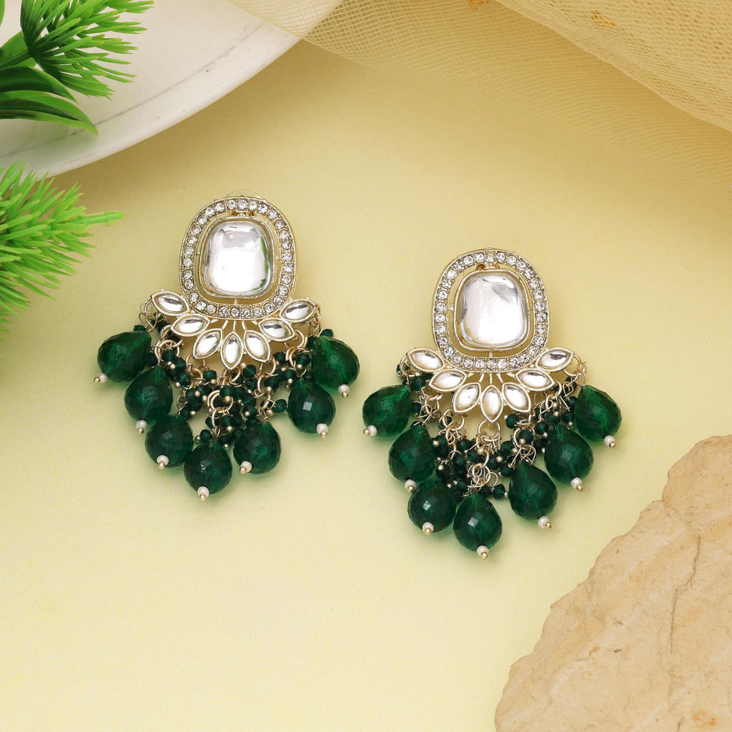 Green Color Kundan Earrings With Intricate Handcrafted Stone Embellishment
