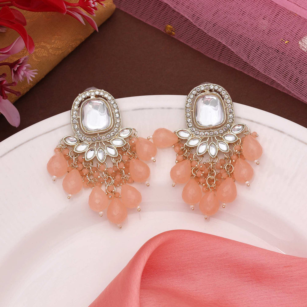 Peach Color Kundan Earrings With Polki Stones For Stylish Ethnic Ensemble