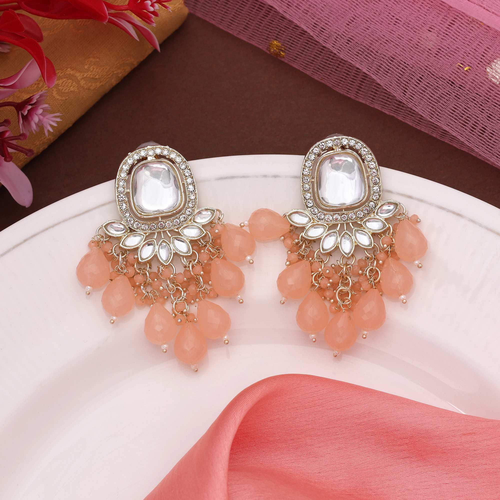 Peach Color Kundan Earrings With Polki Stones For Stylish Ethnic Ensemble