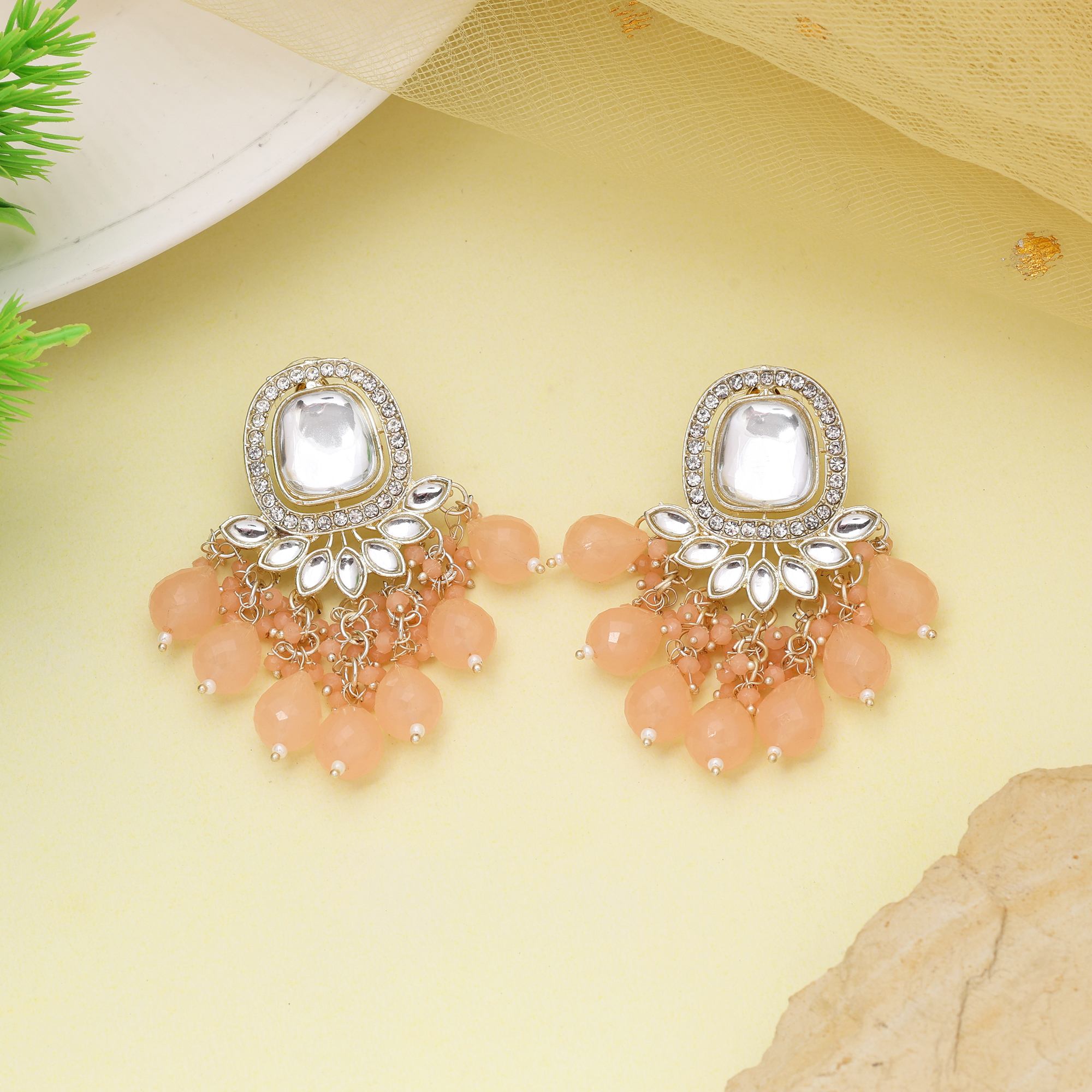 Peach Color Kundan Earrings With Polki Stones For Stylish Ethnic Ensemble