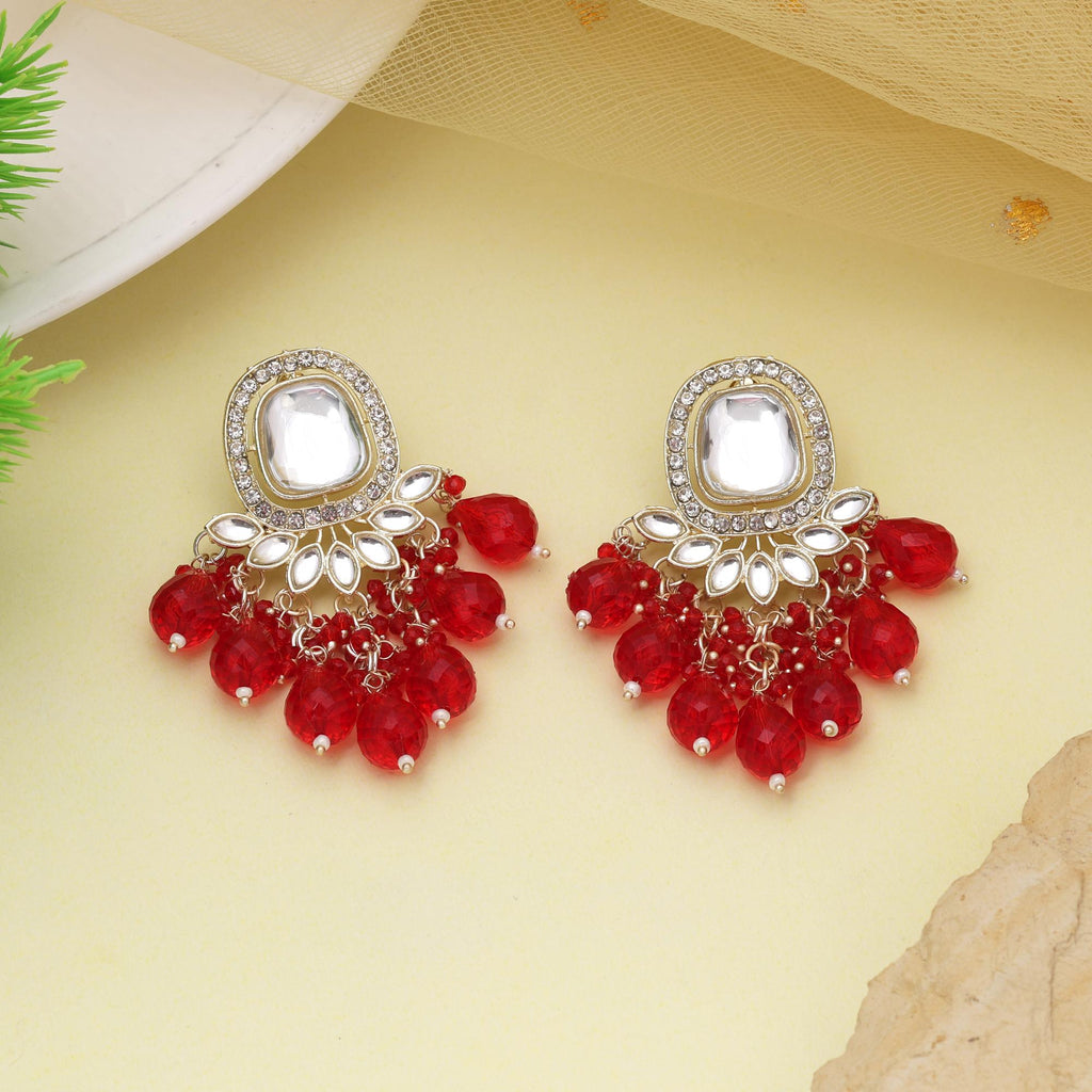 Red Color Kundan Earrings With Sparkling Gemstone Design For Bridal Attire