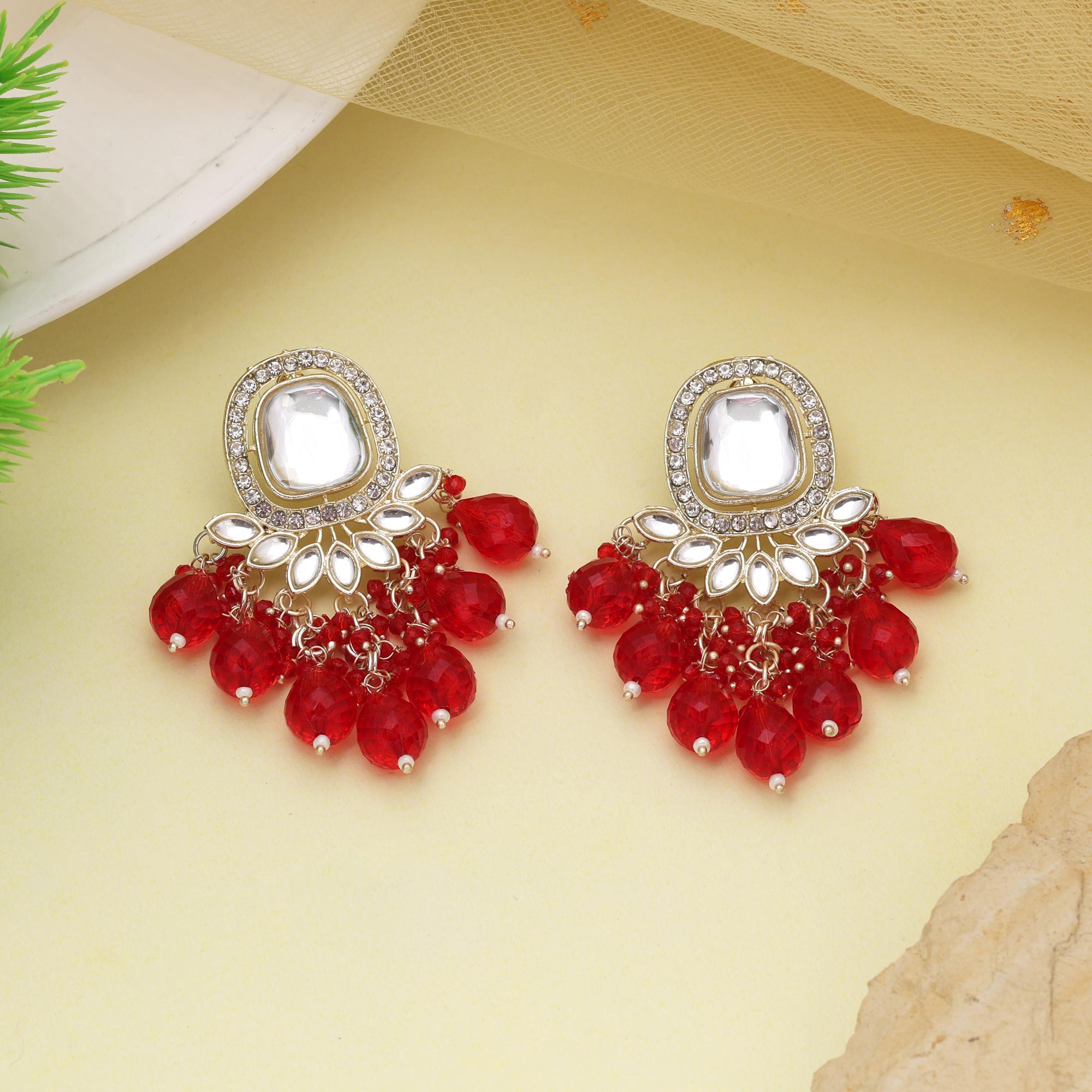 Red Color Kundan Earrings With Sparkling Gemstone Design For Bridal Attire