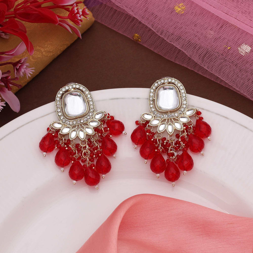 Red Color Kundan Earrings With Sparkling Gemstone Design For Bridal Attire