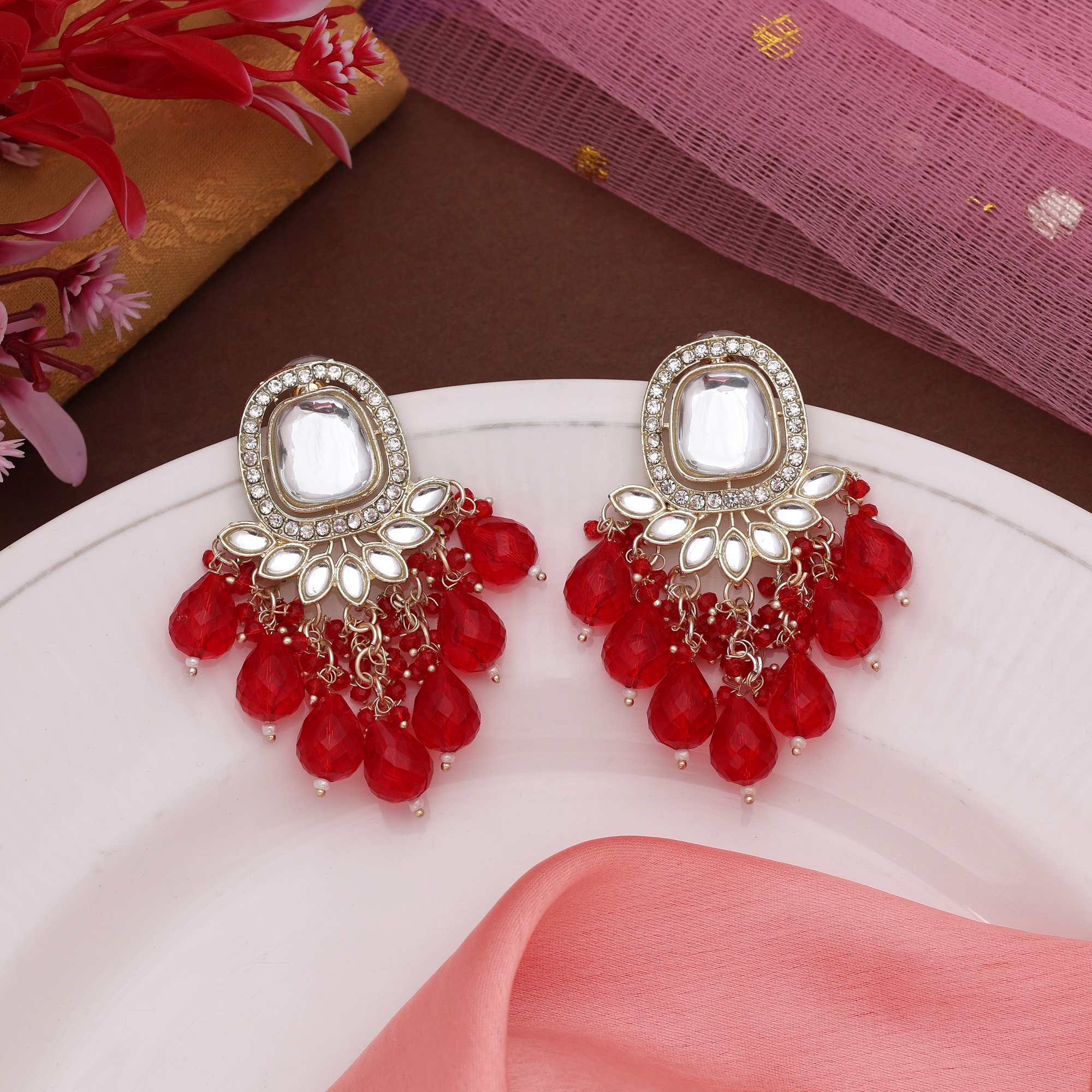 Red Color Kundan Earrings With Sparkling Gemstone Design For Bridal Attire