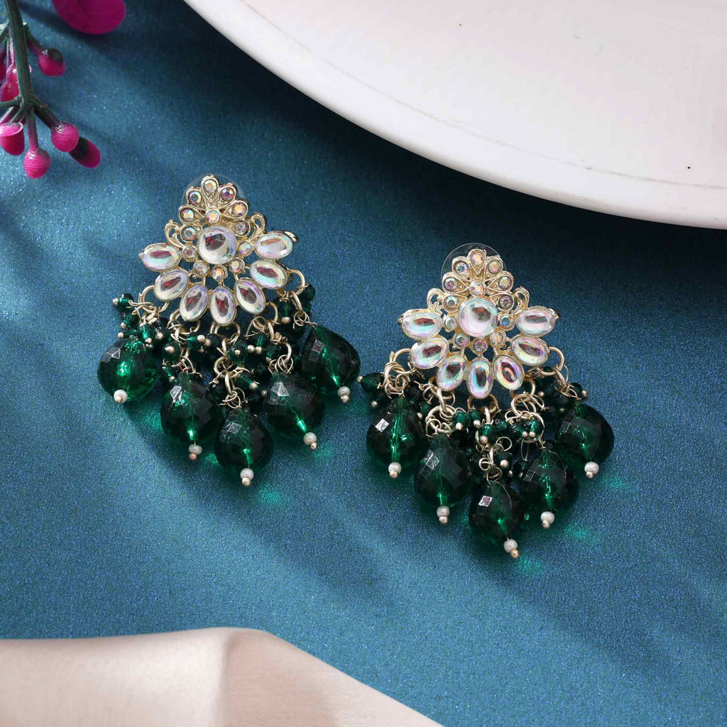 Green Color Kundan Earrings With Gold Polish And Beautiful Craftsmanship