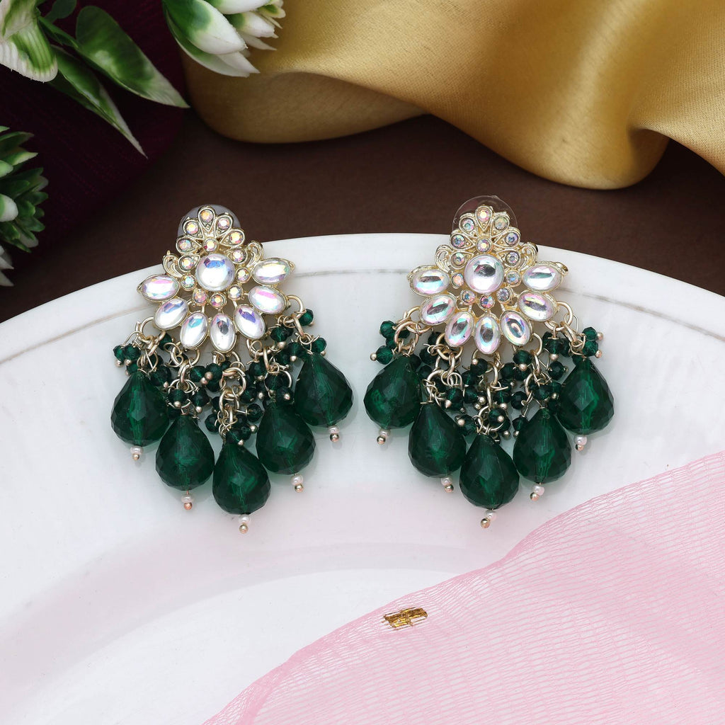 Green Color Kundan Earrings With Gold Polish And Beautiful Craftsmanship