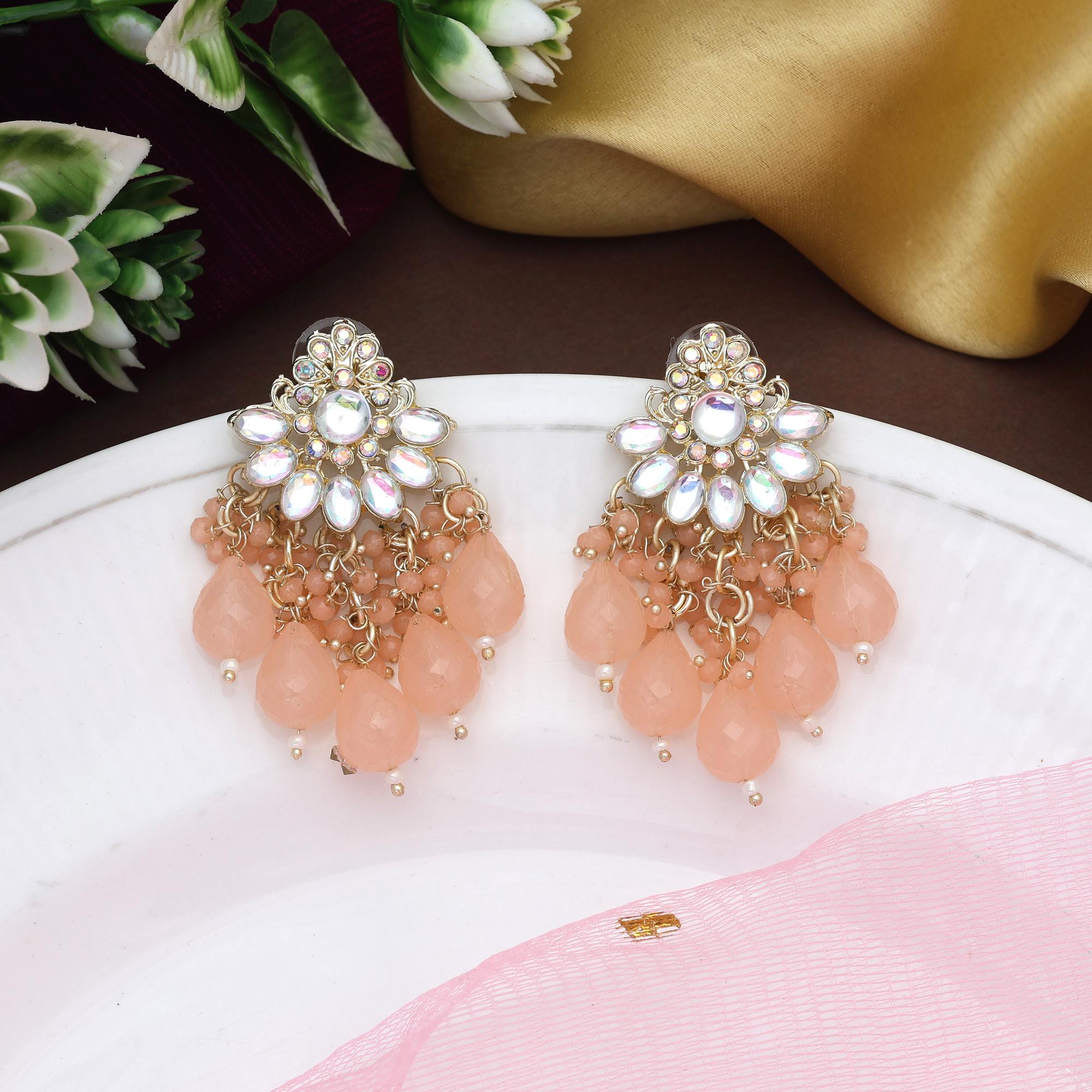 Peach Color Kundan Earrings With Artistic Craftsmanship For Ethnic Looks
